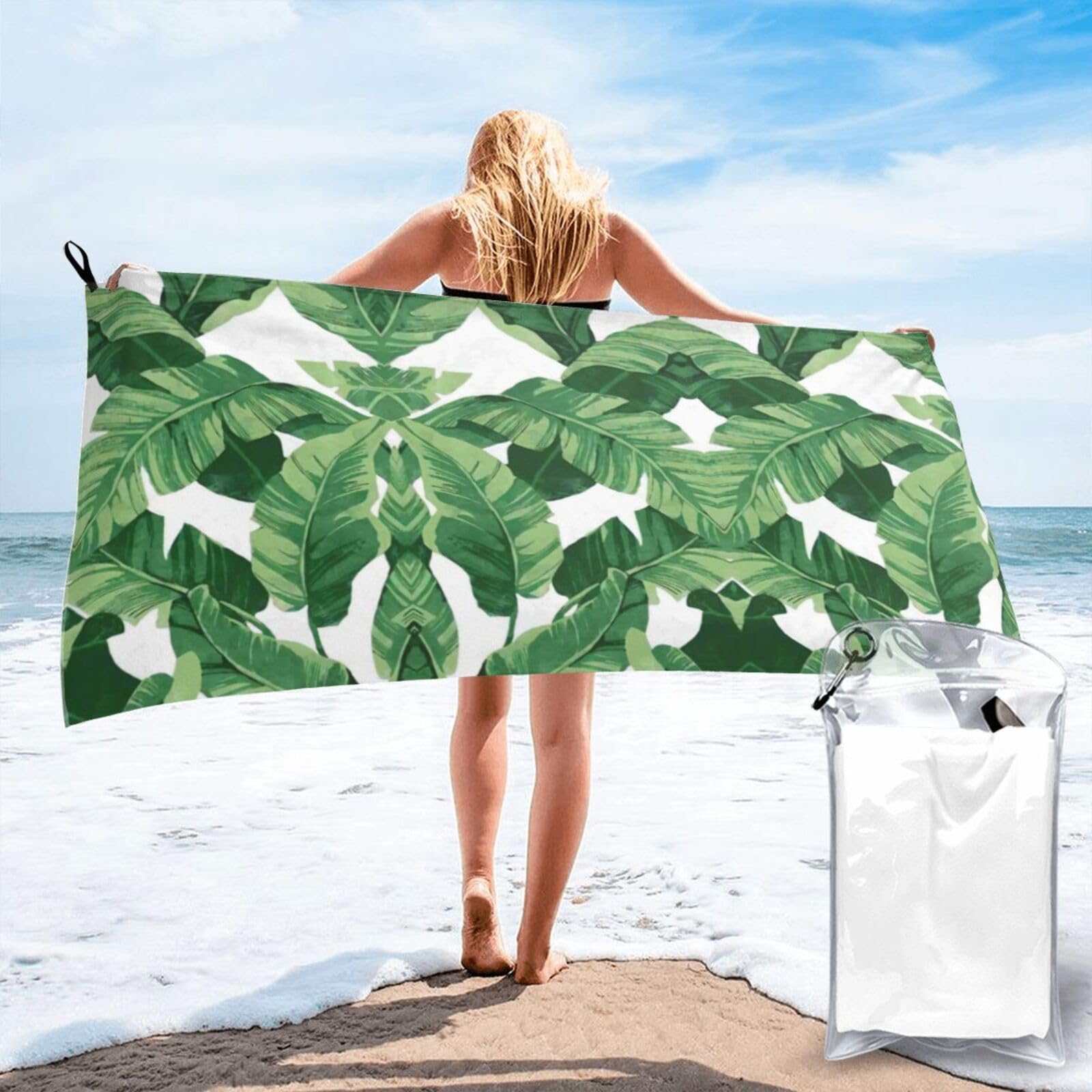 VCzsdff Cute Green Palm Leaves Print Quick Dry Towel Compact Beach Shower Wrap For Camping Fitness