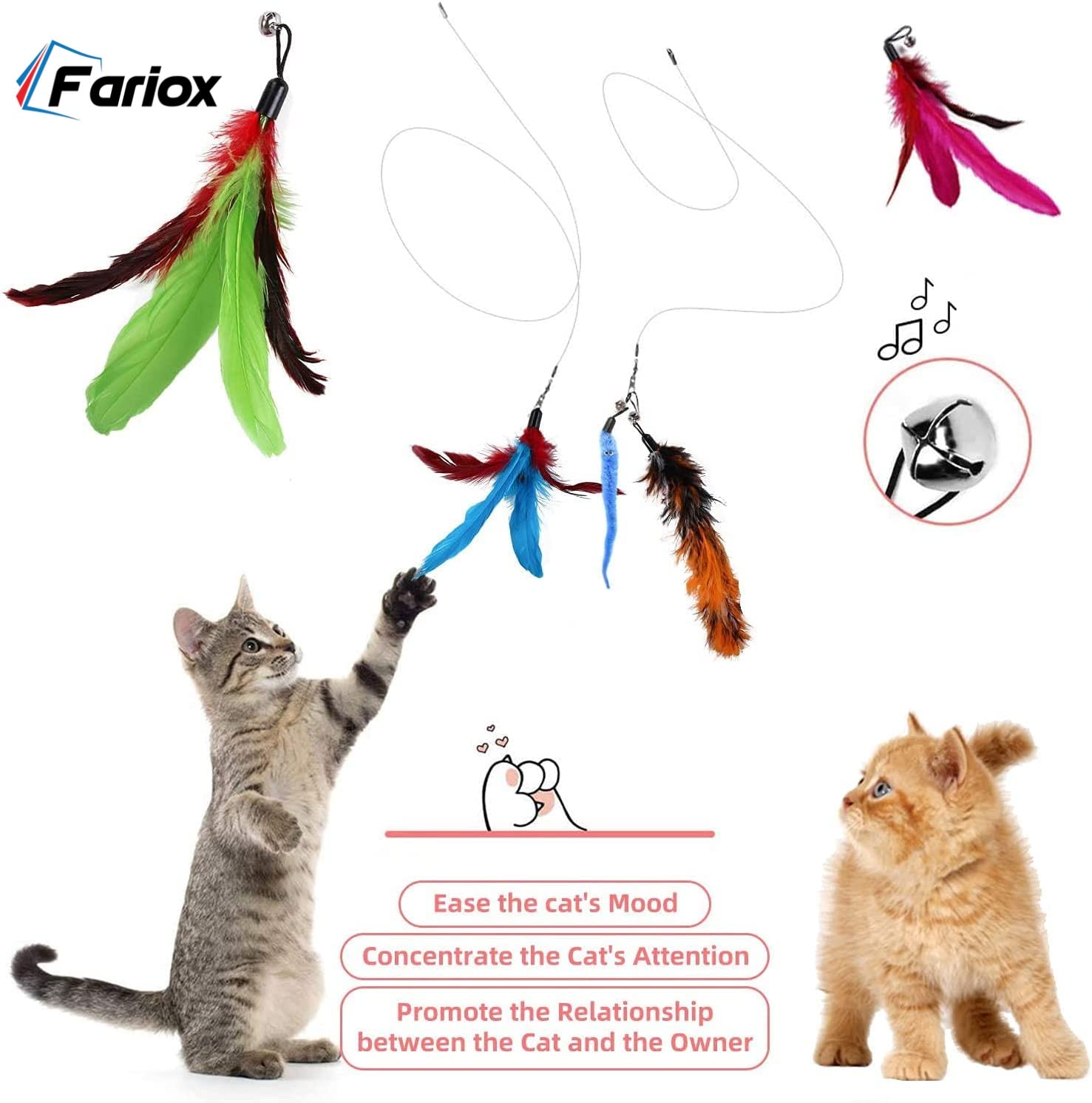 Fariox Feather Teaser Cat Toy, 1 Pcs Retractable Interactive Cat Teaser Rods, 10 Pcs Replacement Colorful Feather Refills with Bells, Feather Dangler Funny Exercise for Indoor Cat Kitten Catcher 2