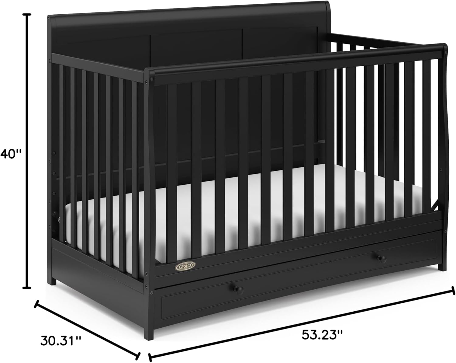Graco Asheville 5-in-1 Convertible Crib with Drawer – GREENGUARD Gold Certified, Crib with Drawer Combo, Full-Size Nursery Storage Drawer, Converts to Toddler Bed, Daybed and Full-Size Bed (Black)