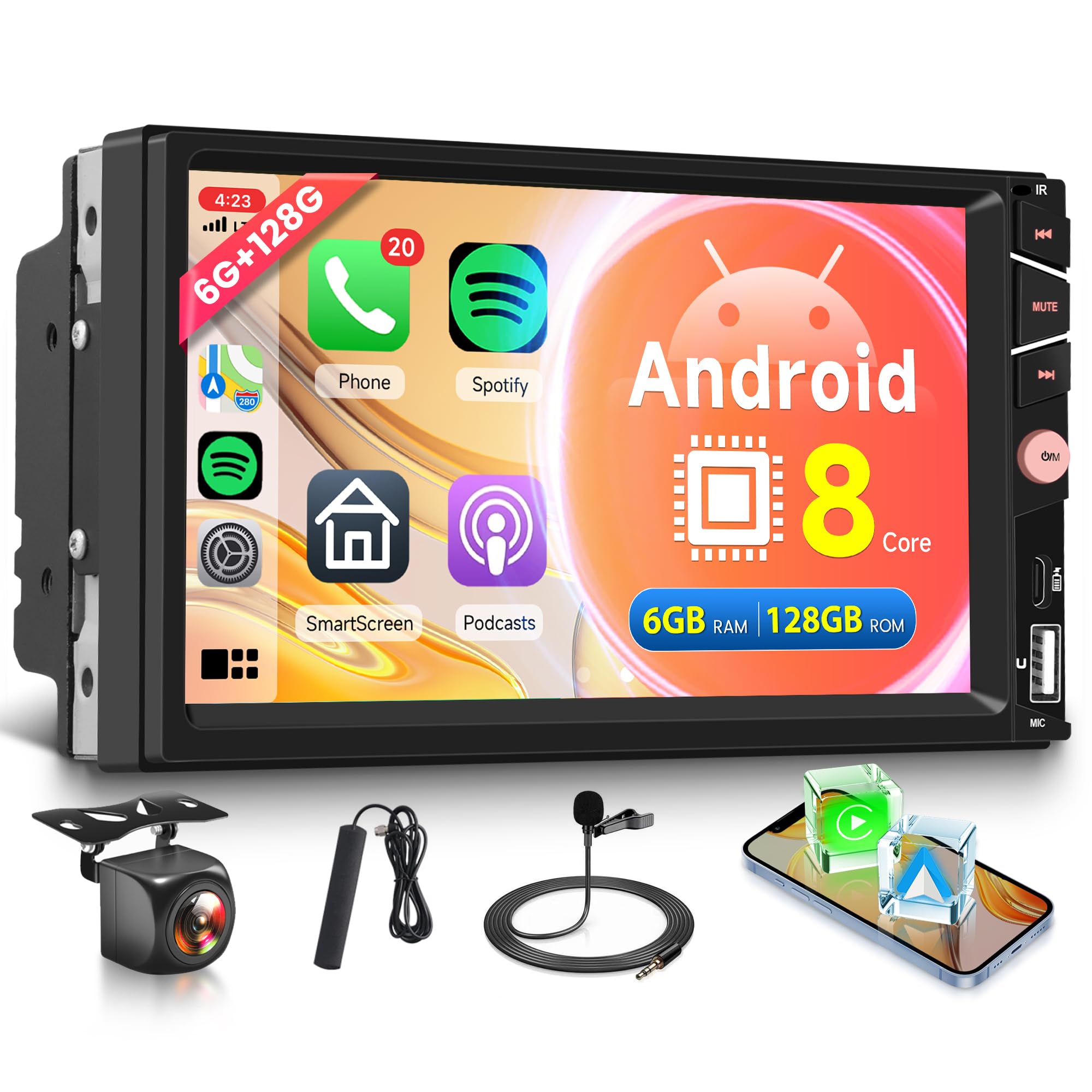 8 Core 6G+128G Android 15 Radio Coche 2 Din con Inalámbrico Carplay Android Auto 4G SIM WiFi BDS GPS Navi 7 Pulgadas Pantalla Táctil Radio Coche con Mirror Link Bluetooth FM/RDS DSP/SWC Cámara Trasera
