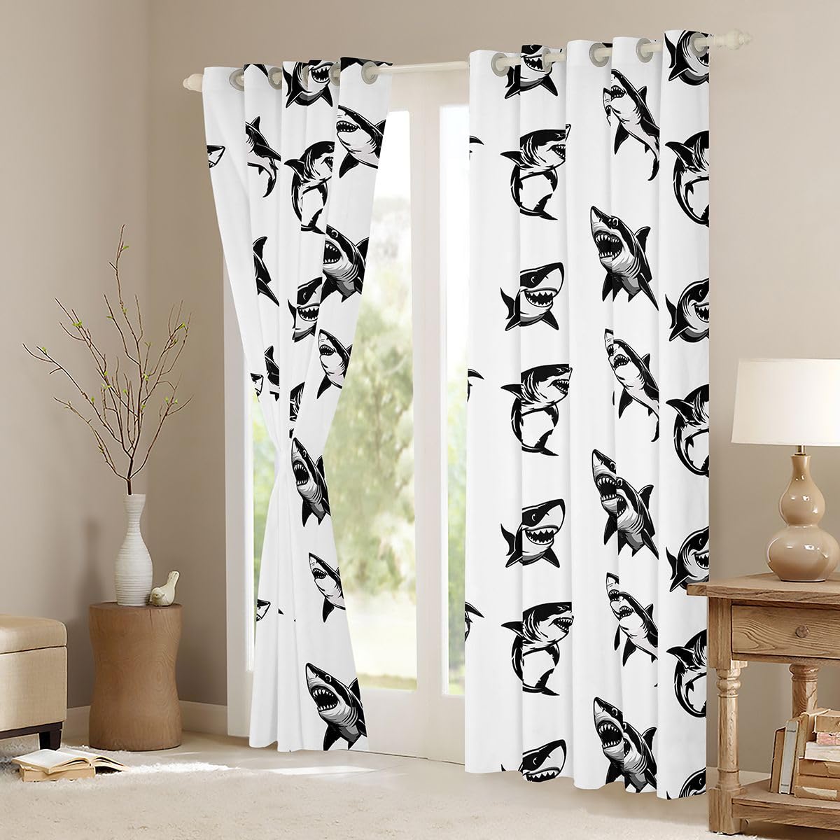 Homemissing Tende oscuranti con squalo in stile cartone animato, decorazione oceano, tende oscuranti per camera da letto, soggiorno, vita marina, isolamento termico, trattamenti per finestre