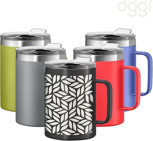 Miniatura 64 de Oggi ThermoMug - Taza aislada de acero inoxidable, doble pared aislada al vacío con asa y tapa, taza de café, taza de campamento, termo de viaje, 14