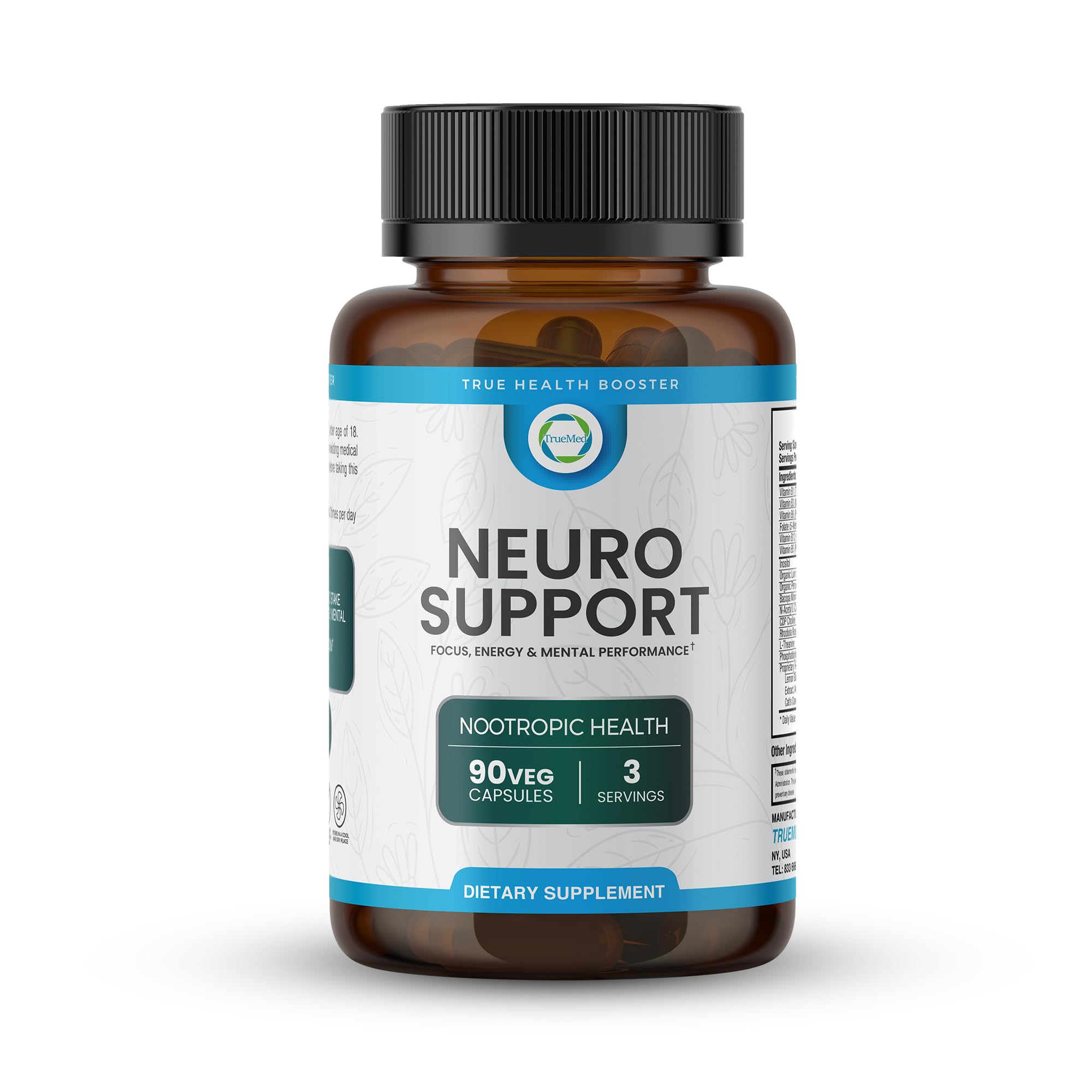 Neuro Support - Premium Nootropic Supplement for Focus, Energy, Mental Clarity, and Performance Organic Lion’s Mane, Bacopa Monnieri, Rhodiola, Non-GMO Gluten-Free CDP Choline 90 Veg Capsules