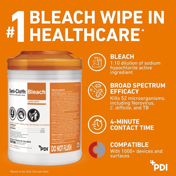 Sani-Cloth Bleach Disposable Wipes, Full Case, Hospital-Grade Surface Disinfecting Wipes for Healthcare and Bathroom, Large Wipe, 6 x 10.5, 75 Wipes per Canister, 12 Canisters Total, 900 Total Wipes