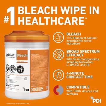 Sani-Cloth Bleach Disposable Wipes, Full Case, Hospital-Grade Surface Disinfecting Wipes for Healthcare and Bathroom, Large Wipe, 6 x 10.5, 75 Wipes per Canister, 12 Canisters Total, 900 Total Wipes