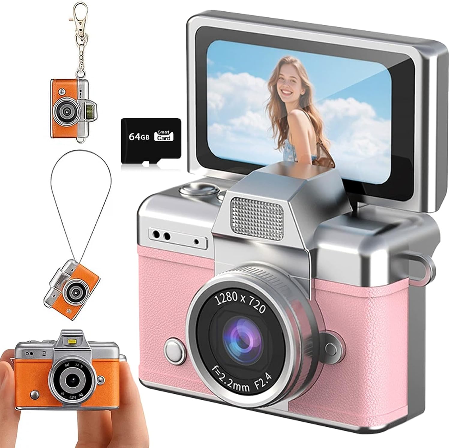 2026 New Mini Digital Camera with 1.47 in LCD Screen 1080P, Mini Keychain Retro Camera with 64GB Card - Flip Screen, Built-in Flash, Strap and Keychain - Ideal for Travel, Study, and Concerts (Pink)