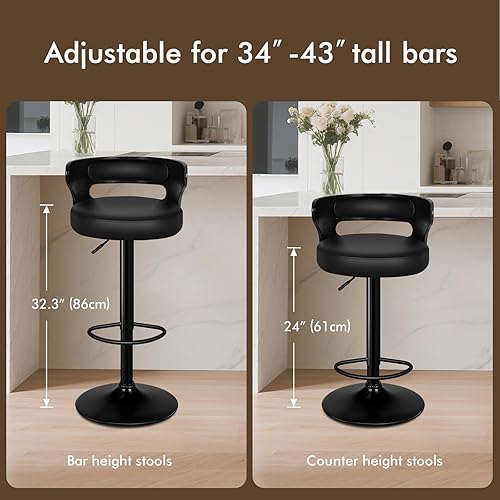 Miniatura 2 de Juego de 2 taburetes de bar, taburetes de bar giratorios de altura ajustable para encimera de cocina, modernas sillas de bar tapizadas de piel