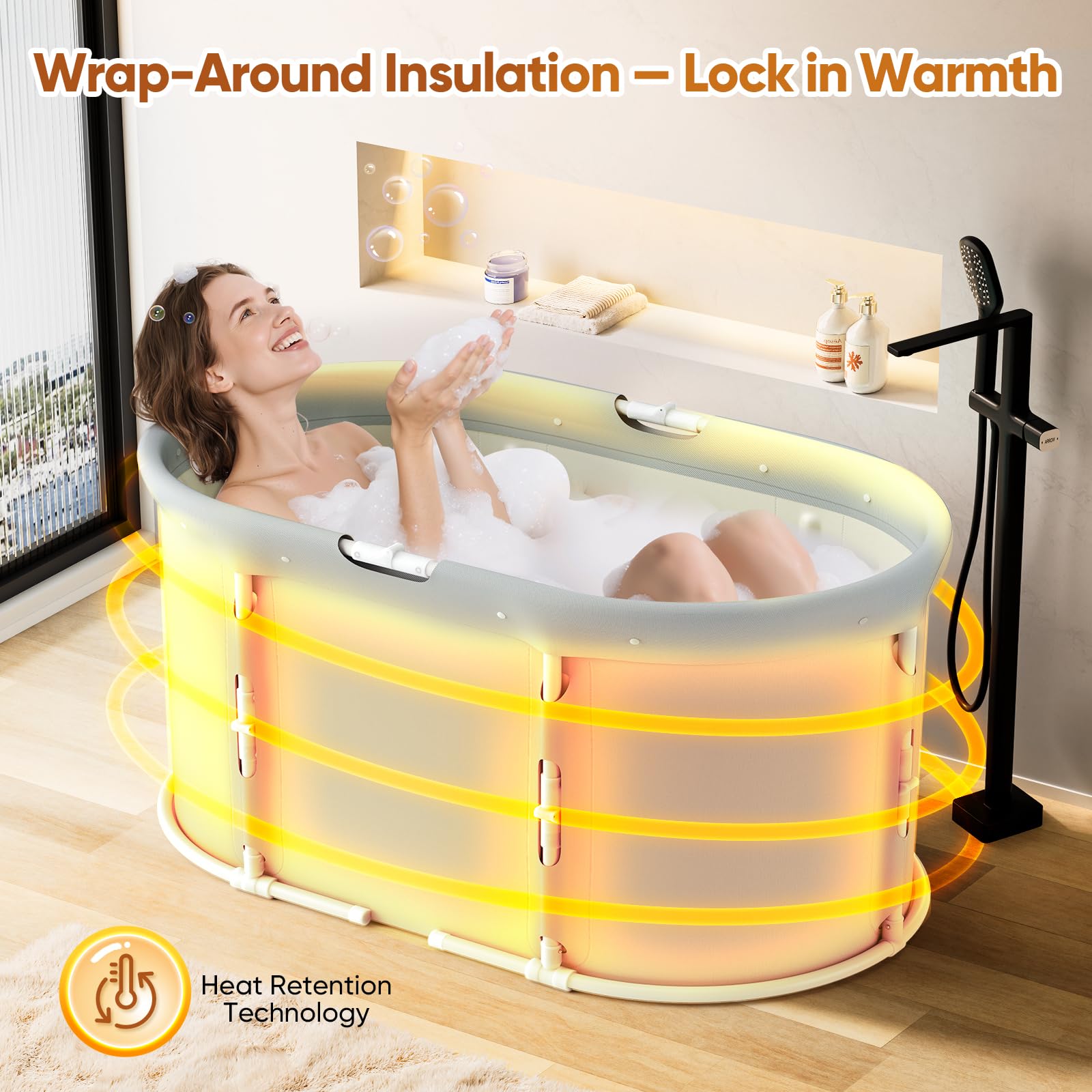 Bañera plegable para ducha, bañera independiente para baño caliente y helado, bañera de hielo portátil para adultos (ovalada)