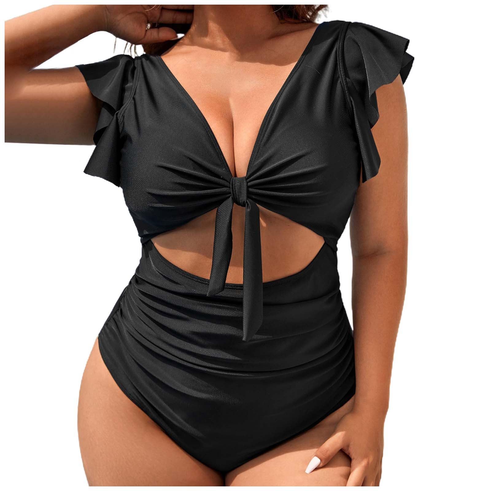 Bikini Kobiety Plus Size Strój Kąpielowy Jednolity Kolor Wysoka Talia Eleganckie Monokini dla, Czarny, 3XL