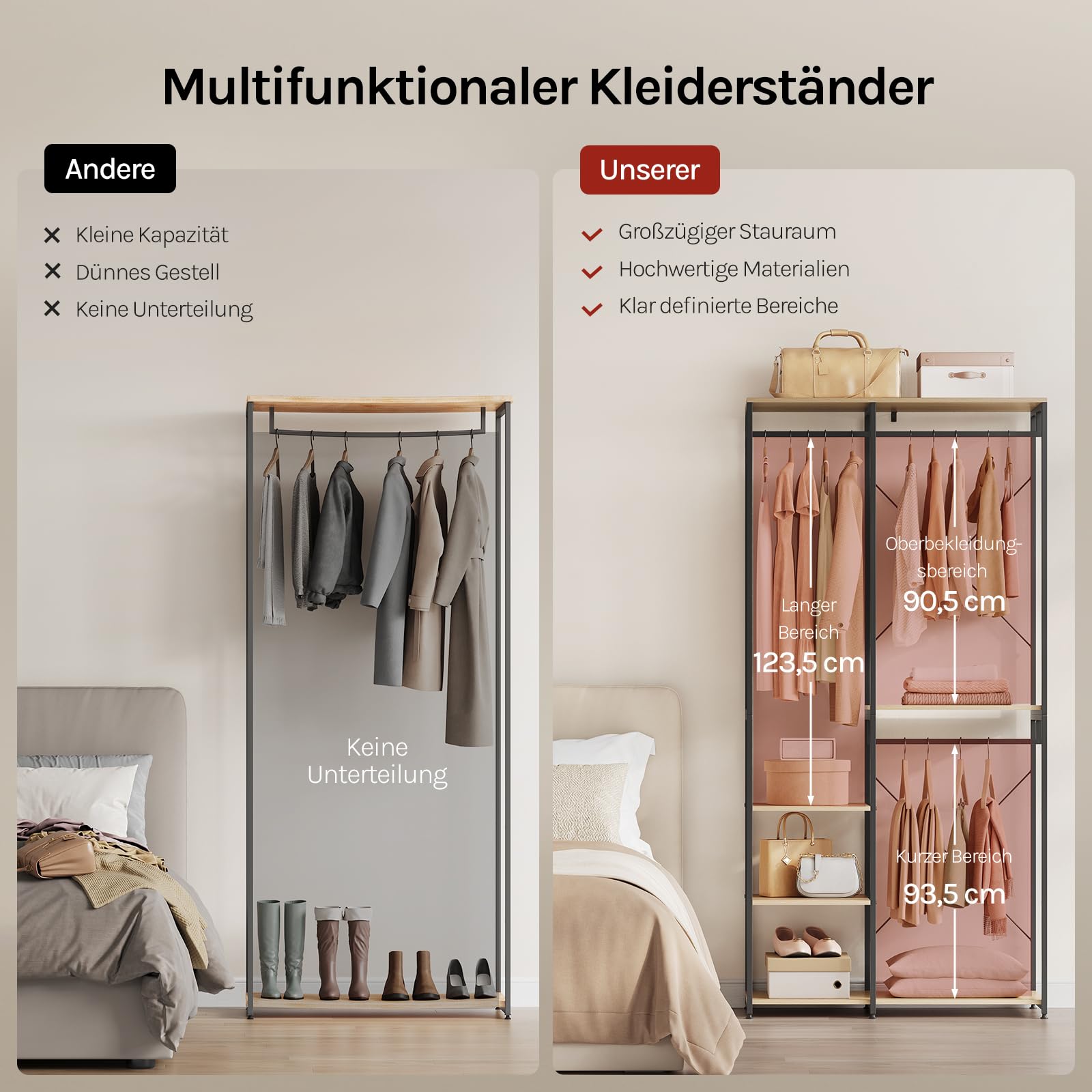 WOLTU Kleiderständer mit Ablage, für Schlafzimmer Flur, Offener Garderobenständer stabil, aus Holz und Metall, Schwarz + Hell Eiche