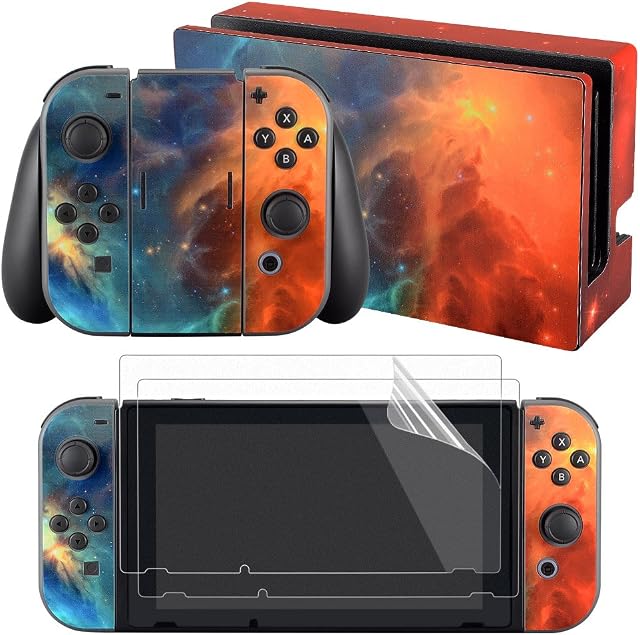 eXtremeRate Stickers Vinyl do Nintendo Switch,Naklejka Skóry do Nintendo Switch Console & Joycon & Dock z 2 sztuki Ochraniacz Ekranu-Pomarańczowy Gwiezdny Wszechświat