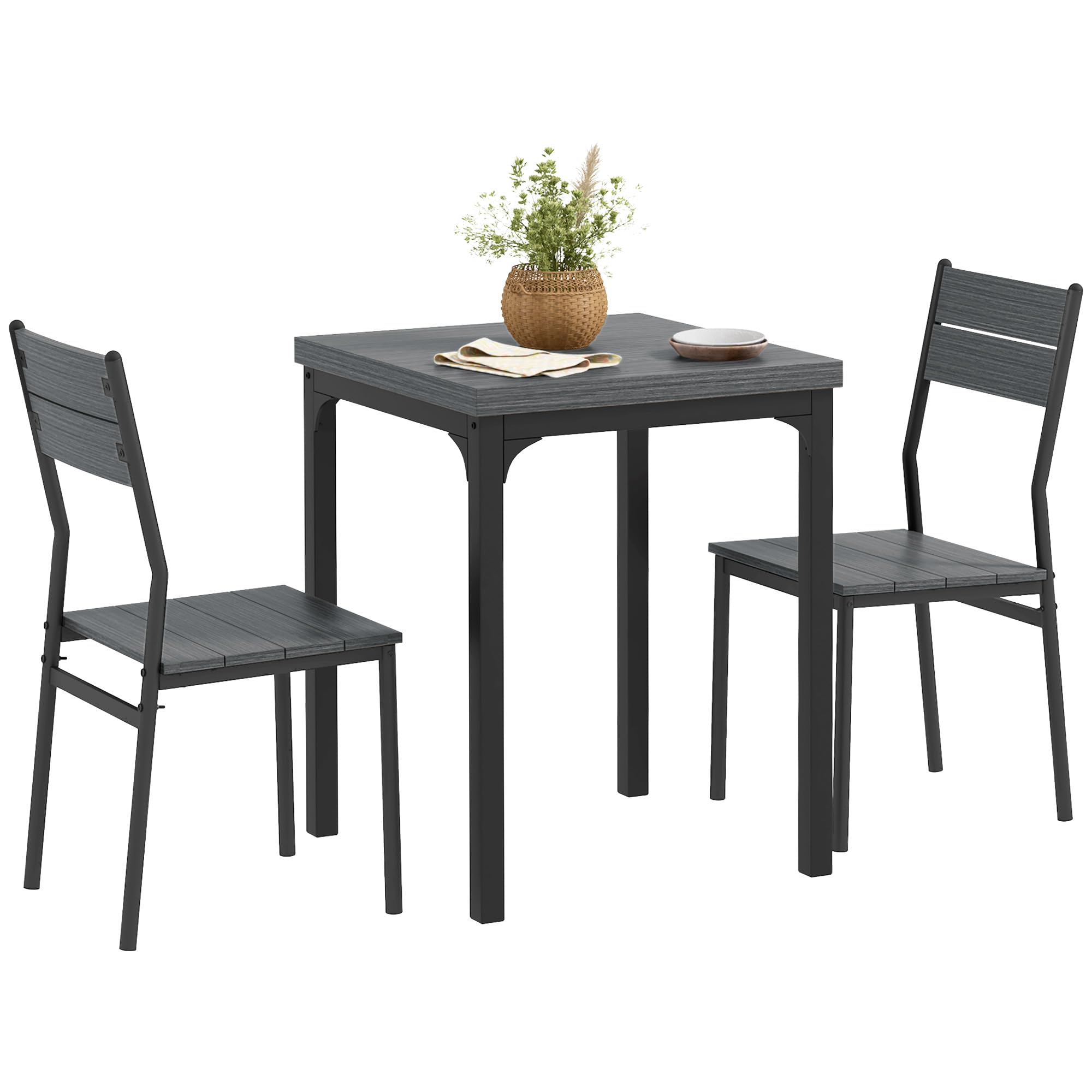 HOMCOM 3 Pieces Compact Dining Table 2 Chairs Set Wooden Metal Legs Bistro Cafe Kitchen Breakfast Bar Home Furniture, Grey Wood Grain