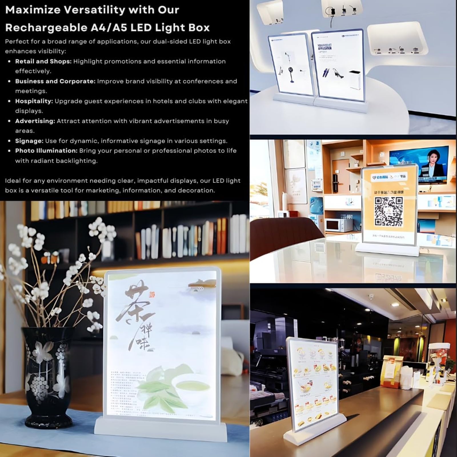 Caja De Luz Led Publicitaria De Escritorio Recargable A4/a5 – De Doble Cara, Soporte De Menú Portátil Con Luz Intermitente De Acrílico white A4 plug-in model