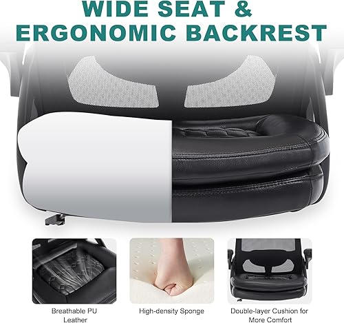 Miniatura 5 de Silla de oficina grande y alta, silla de escritorio ergonómica de malla de 500 libras con reposabrazos abatibles, asiento ancho de tamaño grande en