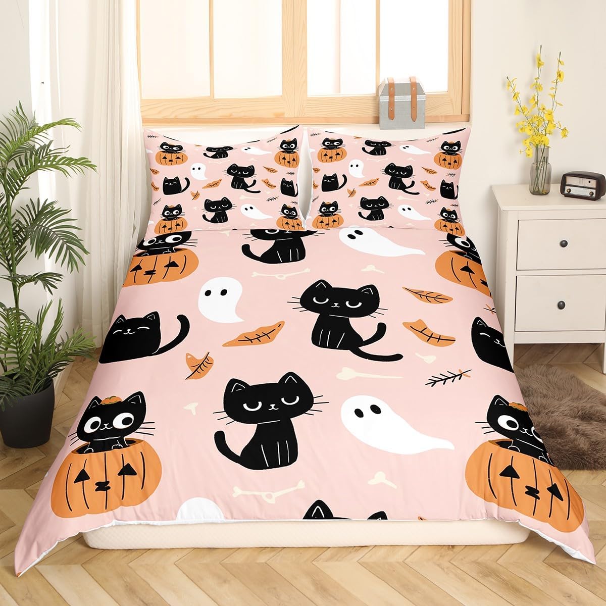 Feelyou Cute Black Cat Bedding Set Queen Size Kids Ghost Comforter Cover Set for Boys Girls Teens Pumpkin Lantern Duvet Cover Halloween Theme Bedspread Cover（No Comforter