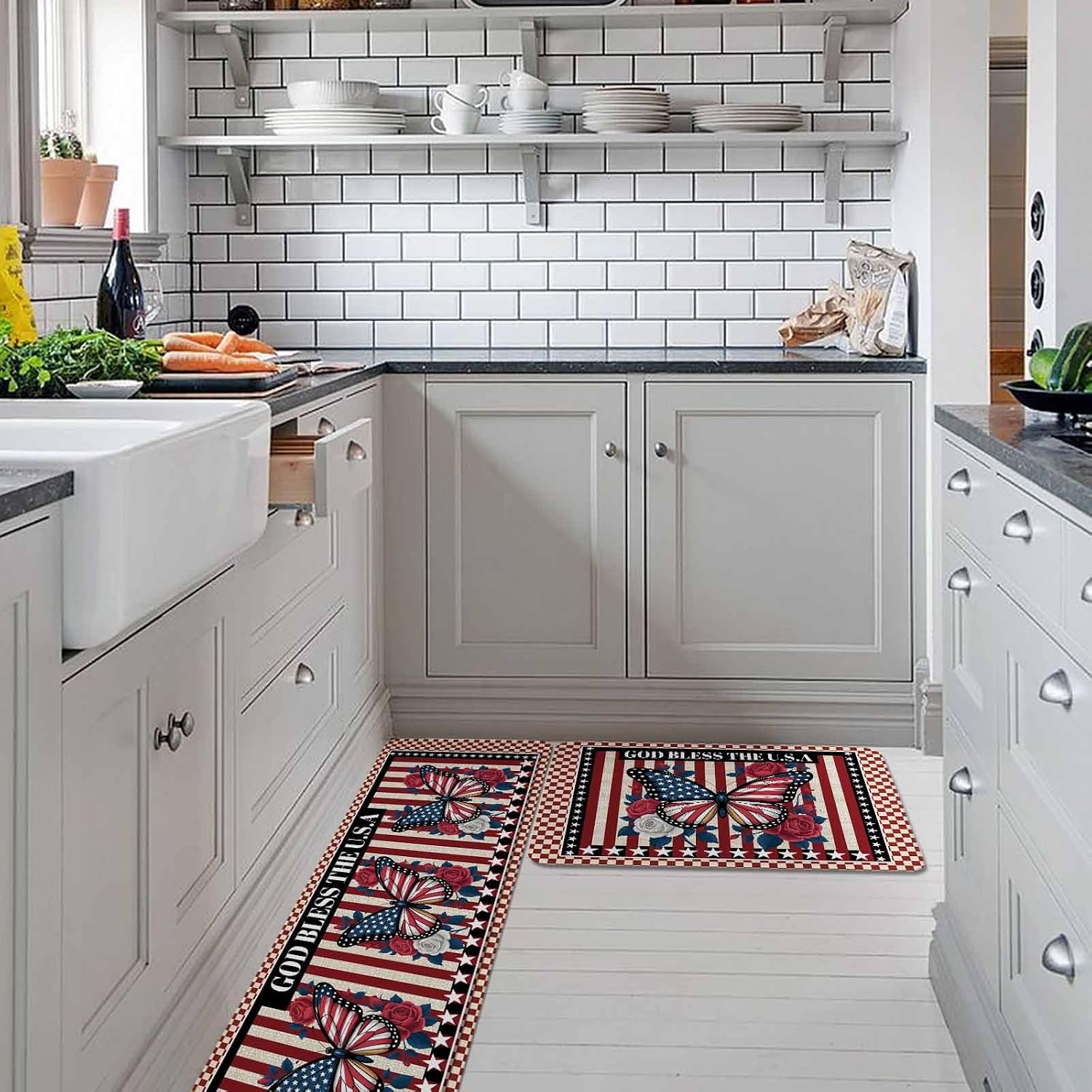 Independence Day Kitchen Rugs and Mats Set of 2, Non-Slip Kitchen Sink Mat, Red Blue U.S Flag Butterfly Flowers Striped Washable Doormat Bathroom Rugs Runner for Bedroom 19.7"x31.5"+19.7"x63"
