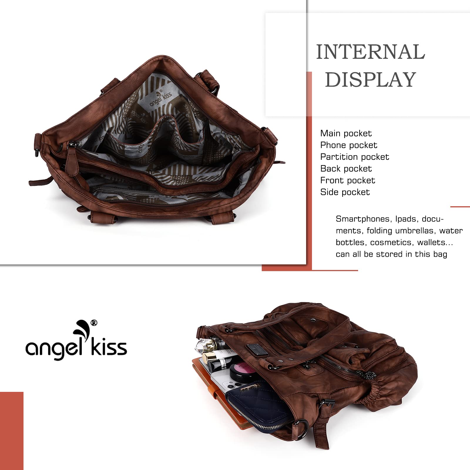 Angel Kiss Large Purses for Women Soft PU Leather Hobo Bag for Women Shoulder Bags: Stylish Brown