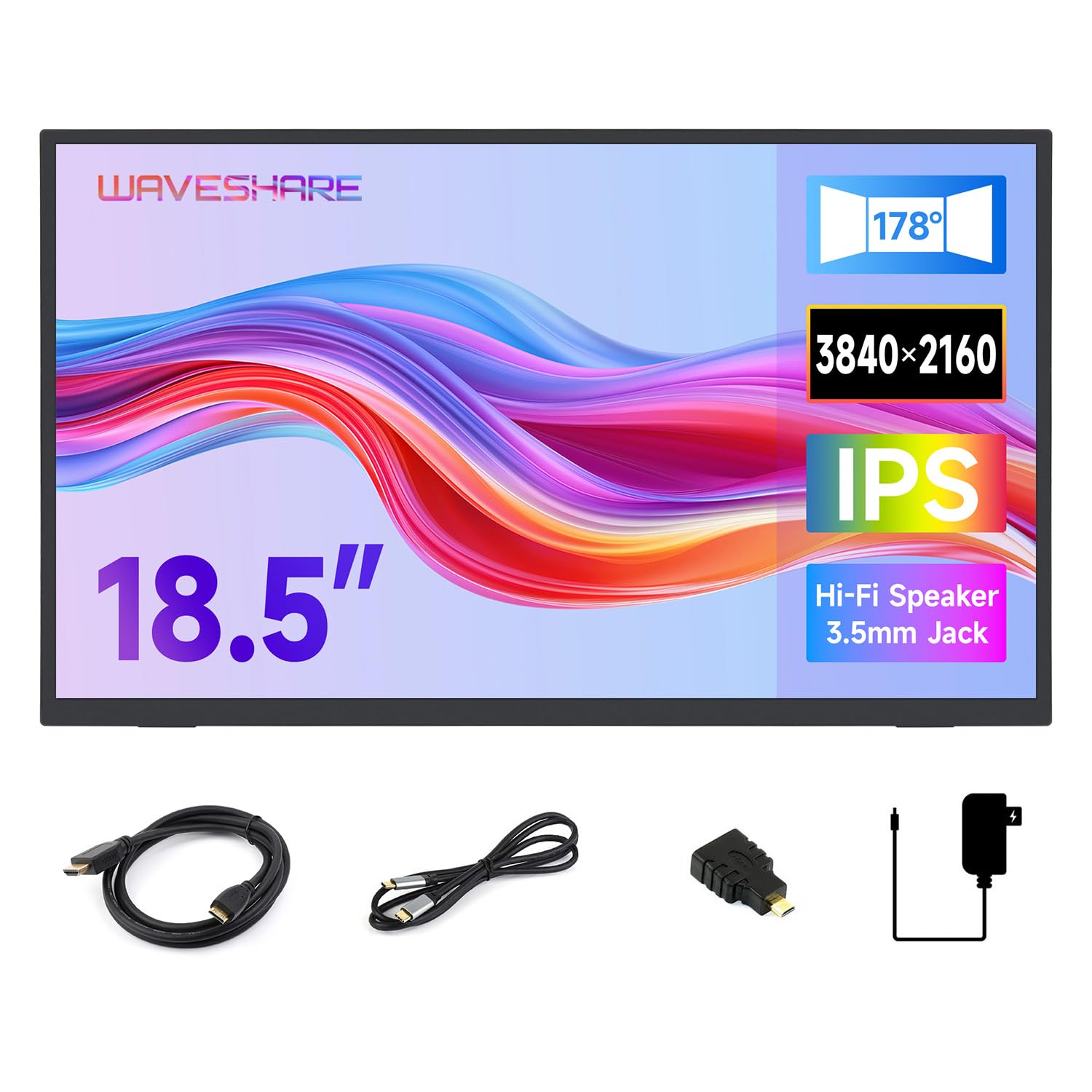 Wavesahre Luckfox 18.5inch 4K Portable Monitor with Stand, Compatible with Raspberry Pi OS/Ubuntu/Kali/WIN10 loT, 3840 × 2160, 60Hz Refresh Rate, 178°