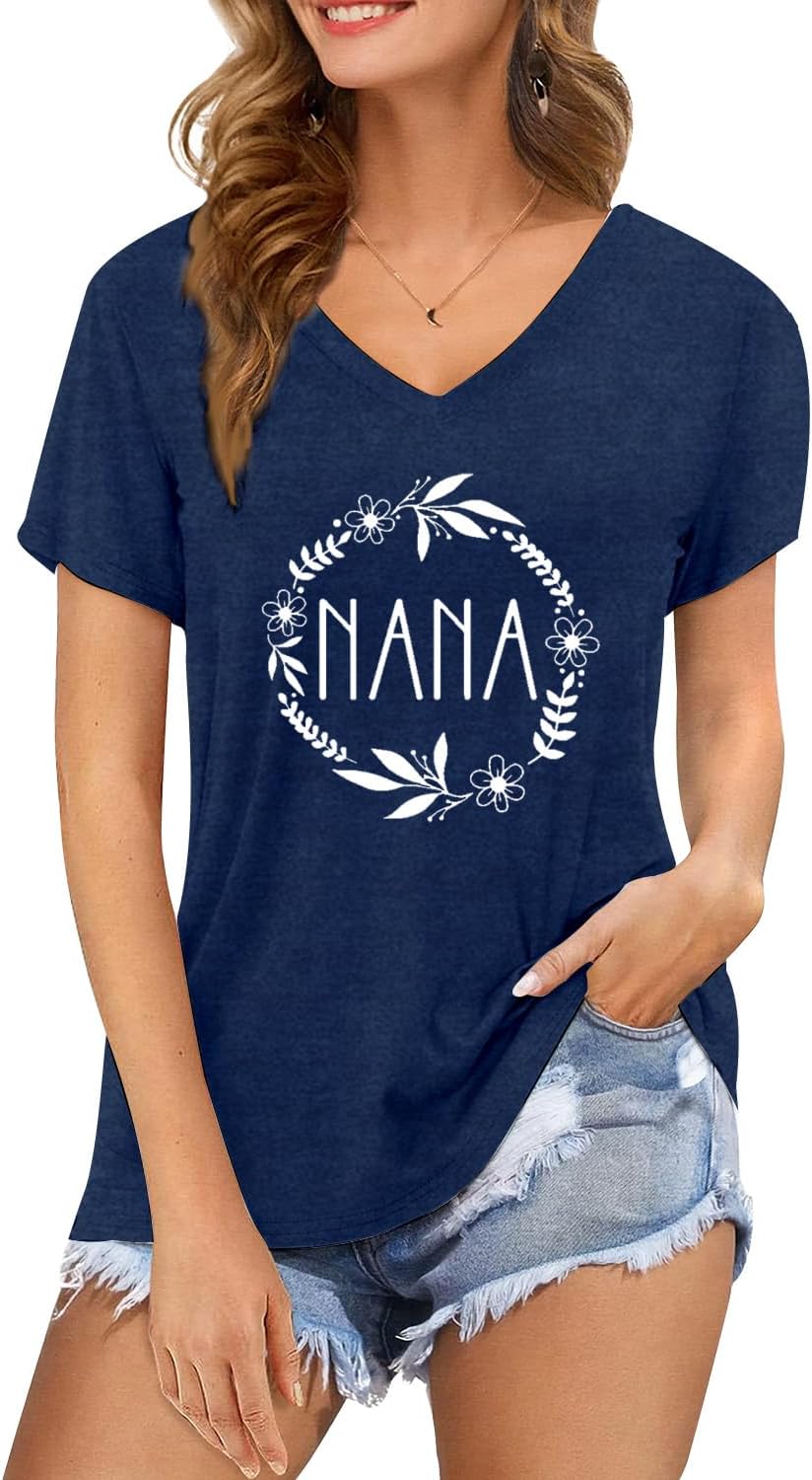 Nana Shirts for Women Mothers Day T-Shirt Love Heart Nana V Neck Tee Tops