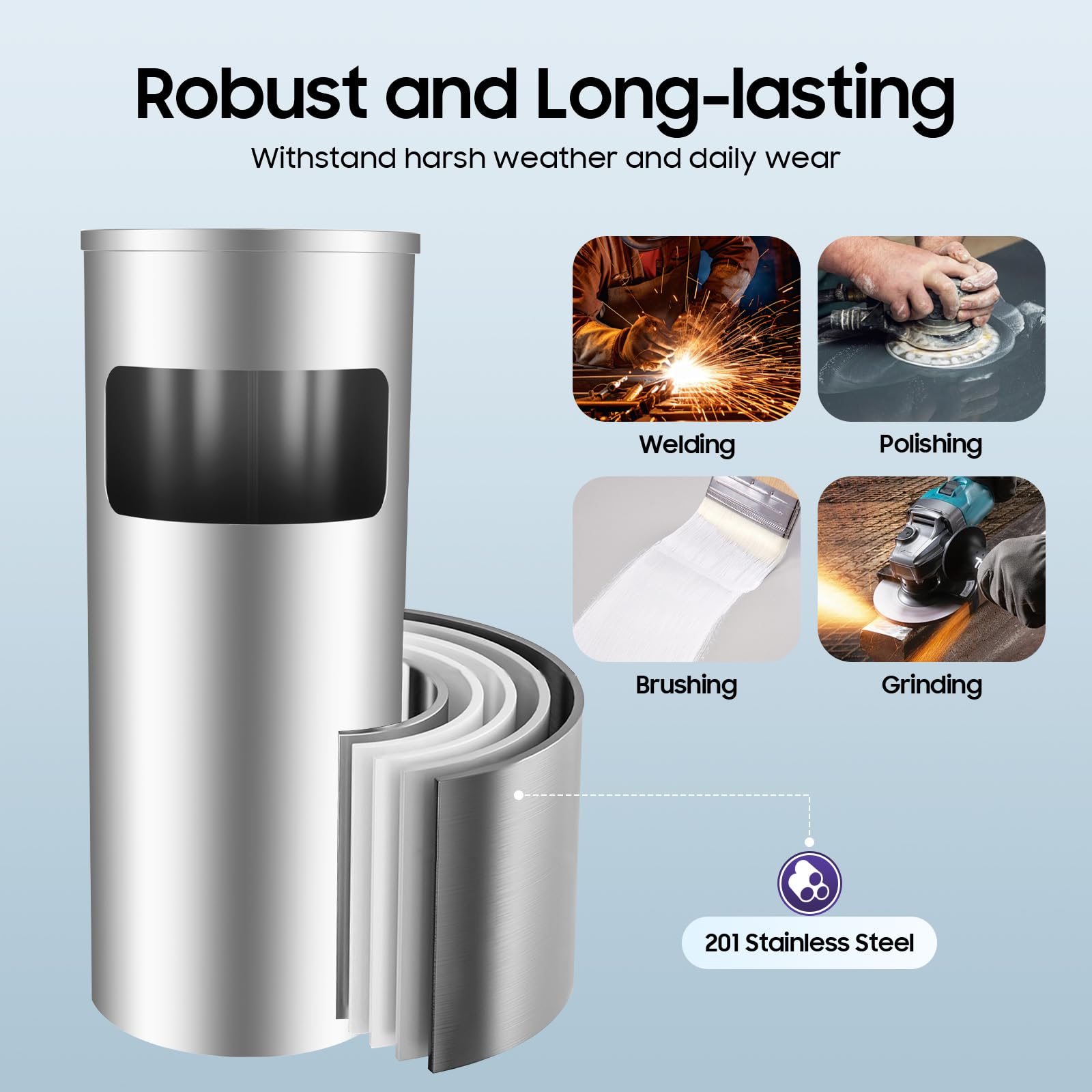 Posacenere Da Esterno Rotondo - 30 Litri, Acciaio Inox, Con Secchio Interno, Per Giardino E Ufficio - Foto 4