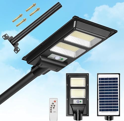 Farolas solares para exteriores, 200 W - 6500 K, luces solares comerciales de estacionamiento del atardecer al amanecer, luces de inundación de