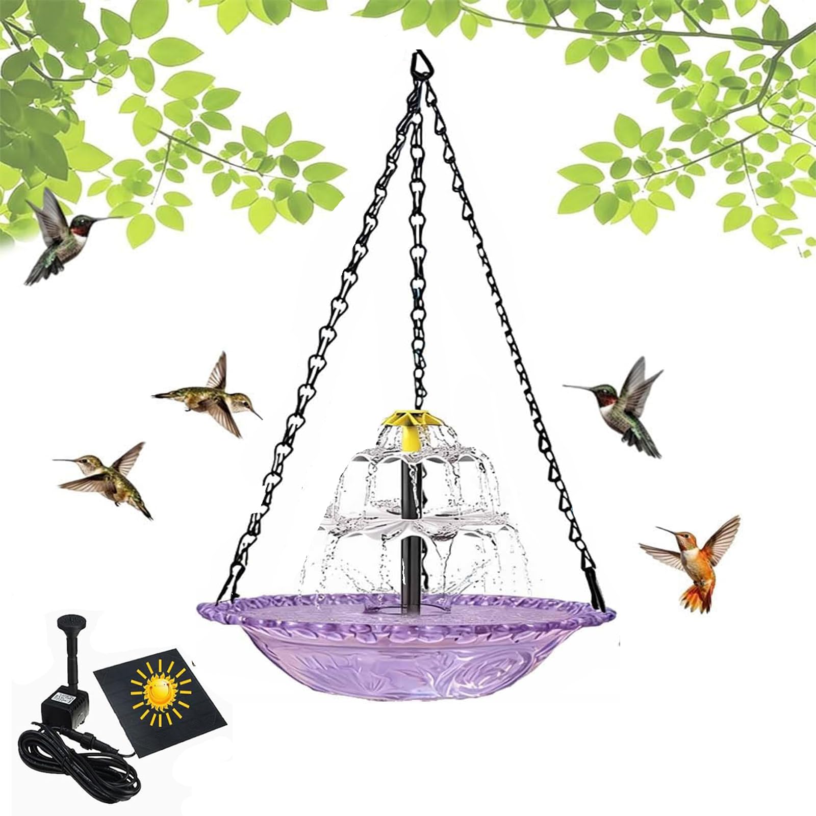 Solar Cascade Hanging Bird Bath Fountain, Outdoor Hanging Birdbath with Solar Fountain, Hummingbird & Bird Baths, Automatic Outdoor Feeder Attract Wild Birds & Hummingbirds (PURPLE)