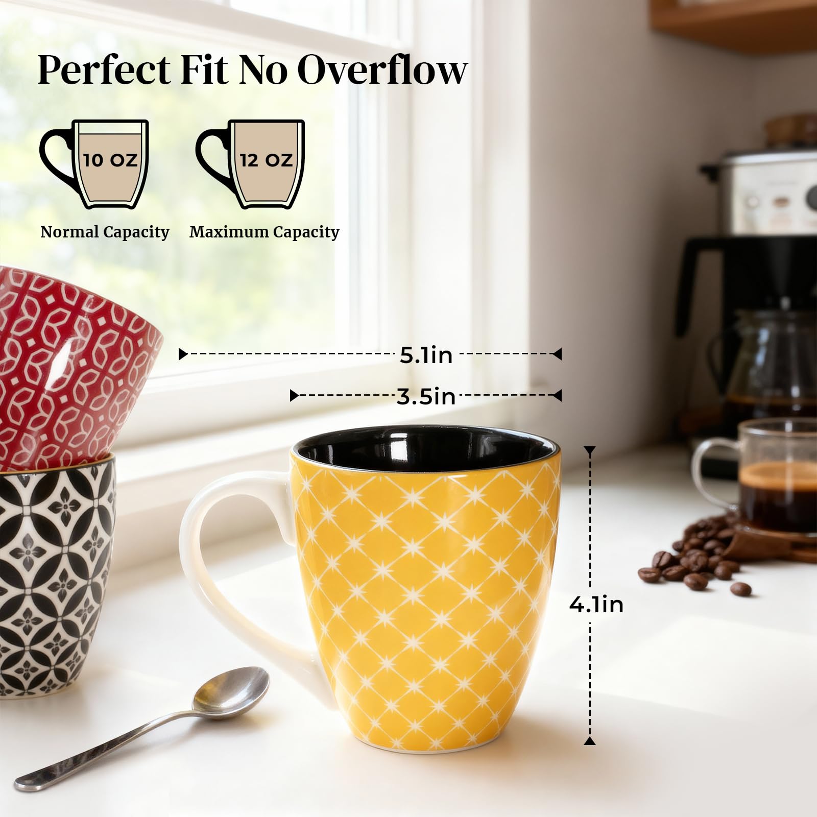 DOWAN Zestaw filiżanek do kawy, 6 x 350 ml, Stylowe porcelanowe kubki do kawy w orientalnym designie, Duże filiżanki na kawę, herbatę i latte, Wielokolorowe