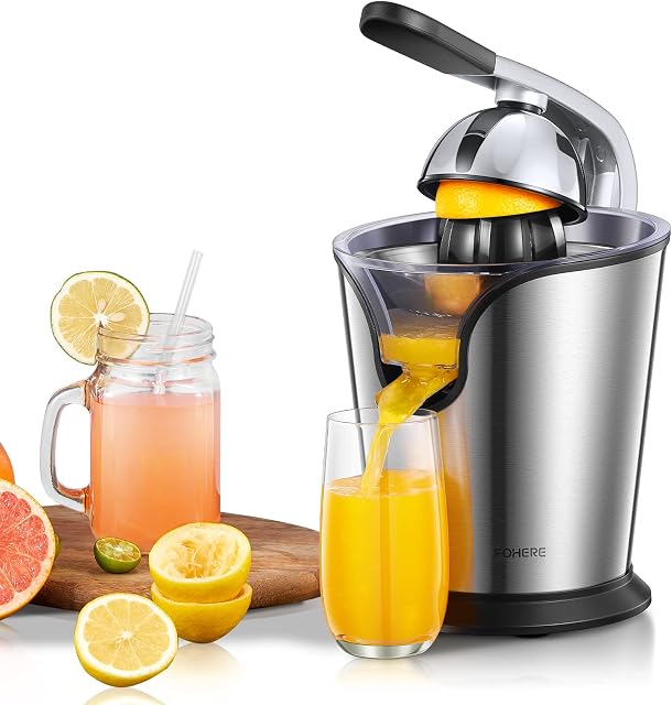 FOHERE Orange Juicer Electric Citrus Juicer with Humanized Handle, Powerful 160W Silent Motor Stainless Steel BPA-Free, Two Size Cones for Grapefruits, Orange and Lemon, Silver