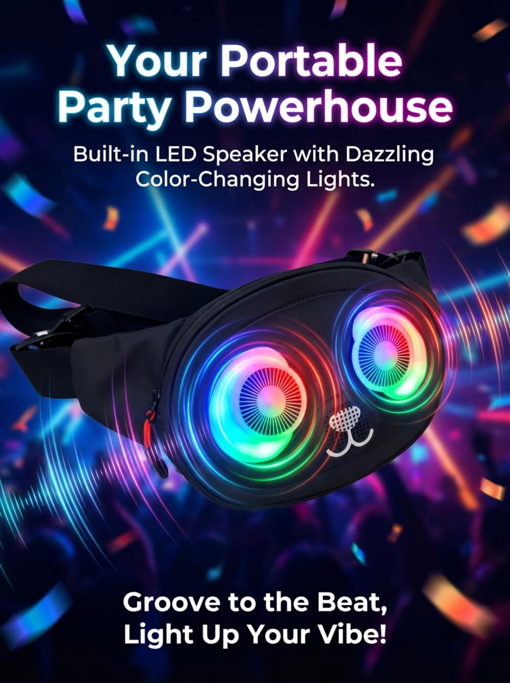Gelrova Regenfeste Bauchtasche mit Lautsprecher und LED-Lichtern – spritzwassergeschützte Hüfttasche, Schnellverschlussgurt, Musik-Synchronisations-Augenlichter, für Freizeitausflüge PandaSync