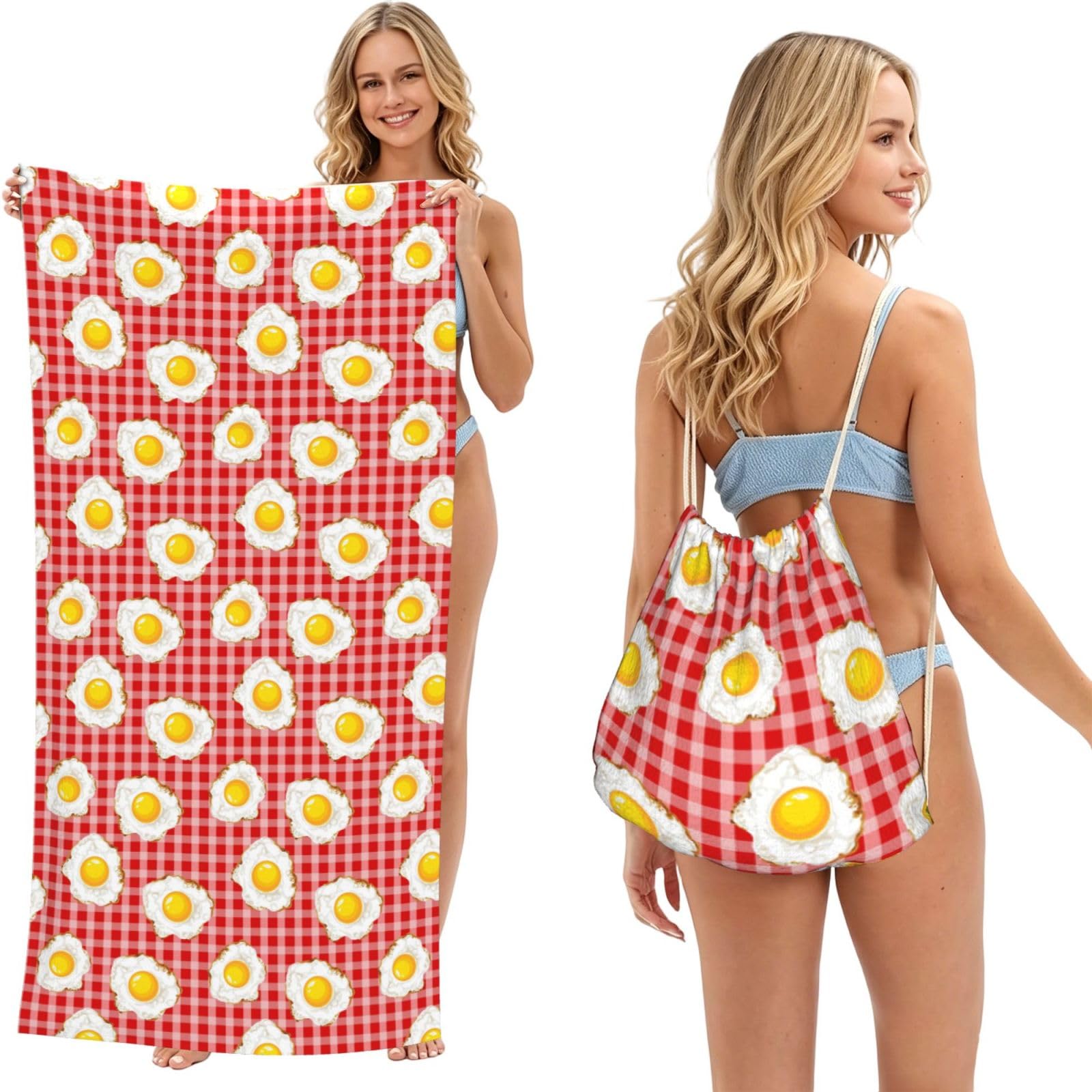 Poadnly As Picture Fried Eggs, 2 In 1 Packable Towel Bag, Beach Towels With Drawstring Backpack For Travel Holiday Camping