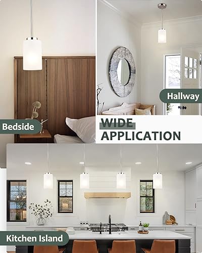 Miniatura 5 de Mini lámpara colgante de 1 luz, lámpara de techo industrial con pantallas blancas ópalo, altura ajustable, iluminación colgante de níquel cepillado