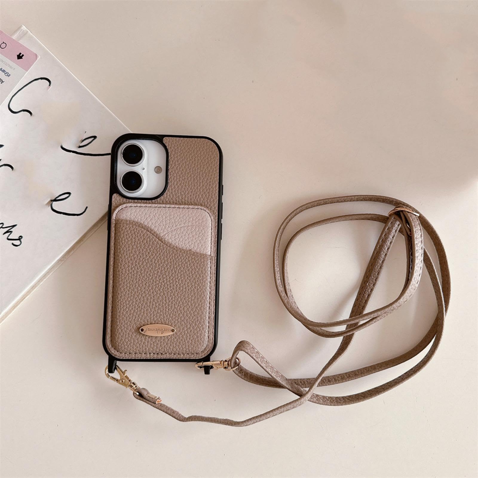 Custodia protettiva in pelle con cordino a tracolla per iPhone 13, con scomparti per carte di credito (per iPhone 13/cachi)