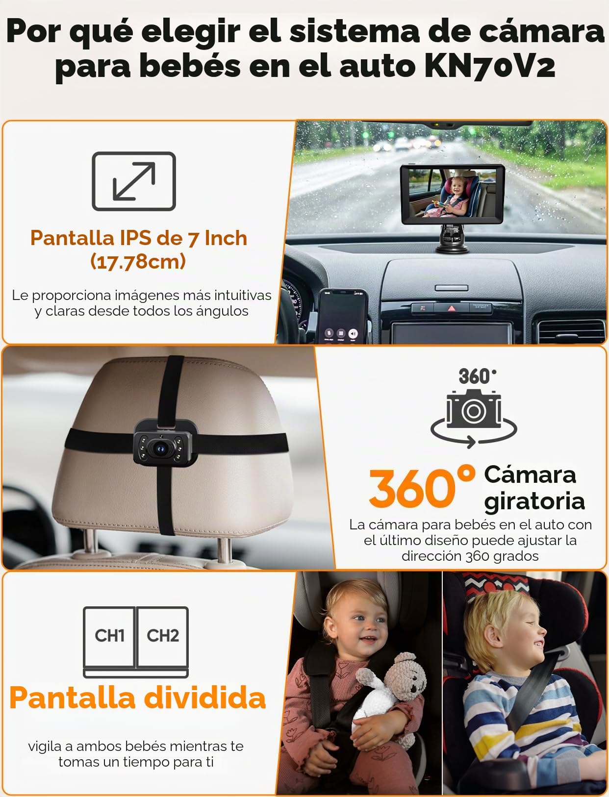 Cámara de coche de bebé para 2 niños, monitor de bebé de pantalla dividida de 7 pulgadas con cámara dual | Amplia visión de 150° y rotación de 360°, visión nocturna fácil de instalar, espejo retrovisor para coche de bebé