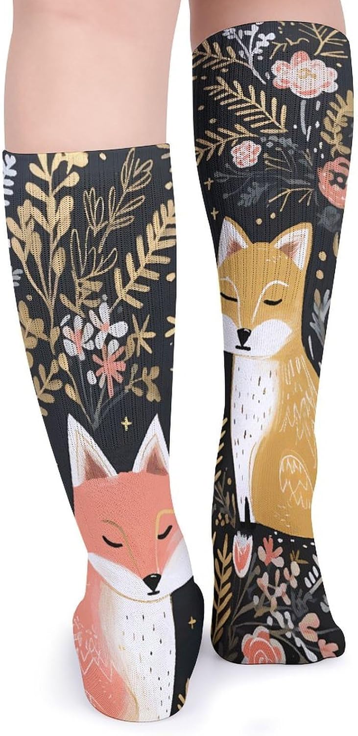 Breathable Crew Sock, Moisture Wicking, Athletic Calf Socks, Cozy | Love Cartoon Fox Compression Socks for Women Men, Lightweight High Work Socks for Business, Casual