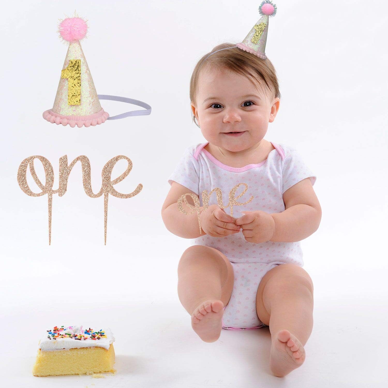 Zhenhui 1st First Birthday Girl Party Decorations - 1st Baby Girl Birthday Party Hat,Double-Sided Gold Glitter Sparkle One Cake Topper for Baby Shower Party Supplies(2pcs)