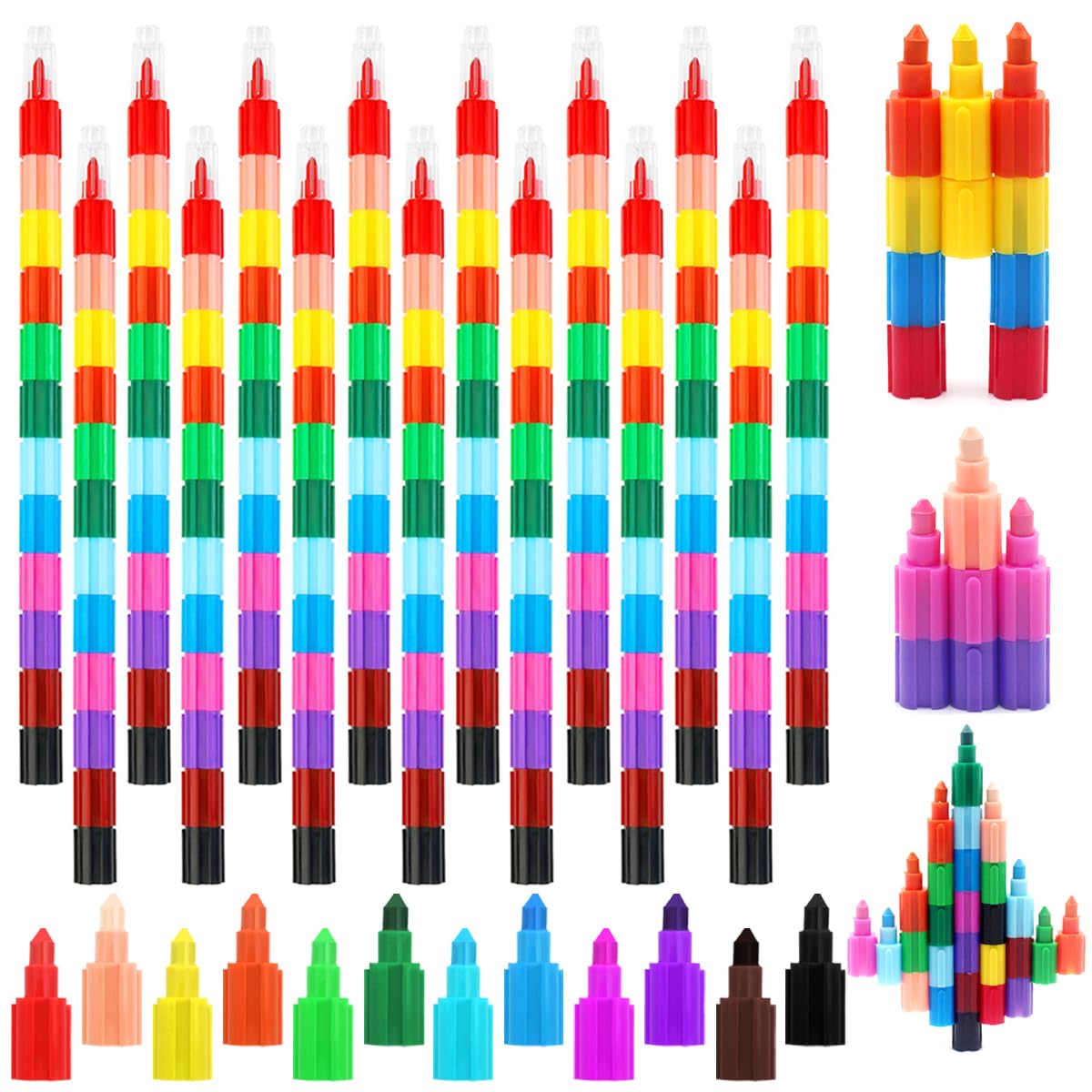 Zooyinfy 15 Pcs Stacking Crayons 12 Colors Buildable Crayons Set Colorful Drawing Crayons Party Favors DIY Rainbow Painting Pencils for School Office