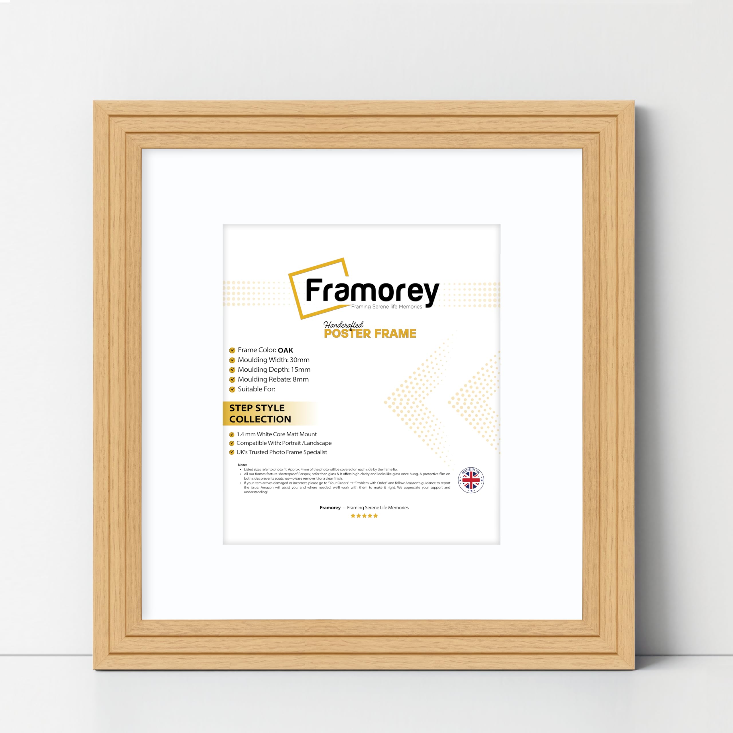FRAMOREY Oxford Step Style Wooden Effect Picture Frame, 11x11" Square Size Oak Photo Frame With 9x9" Size White Mount, Wall Hanging Frames, Personalized Frames