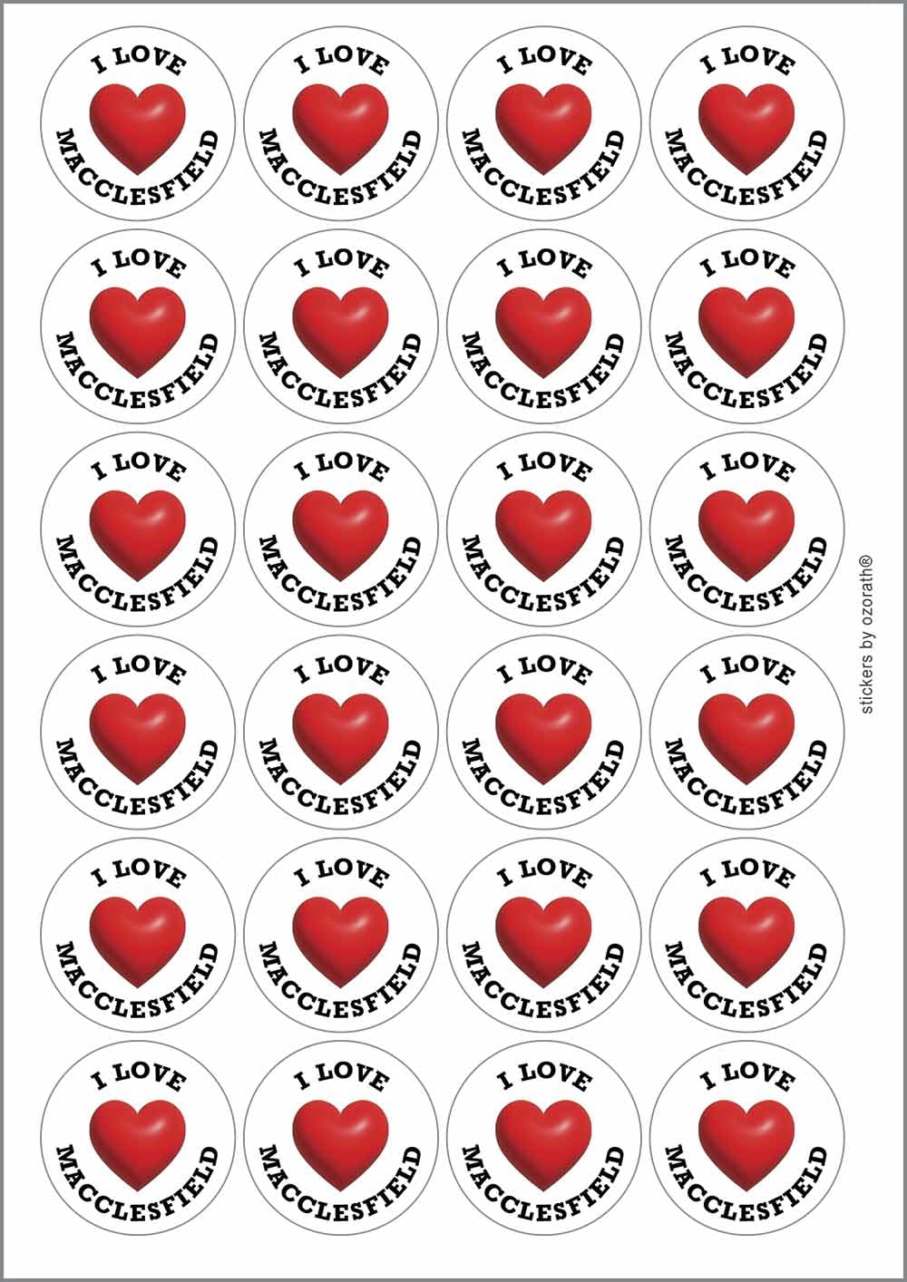 I Heart Love Macclesfield Location Circular Matt Paper Stickers A4 Sheet of 24 (Each Sticker is 45mm Diameter)