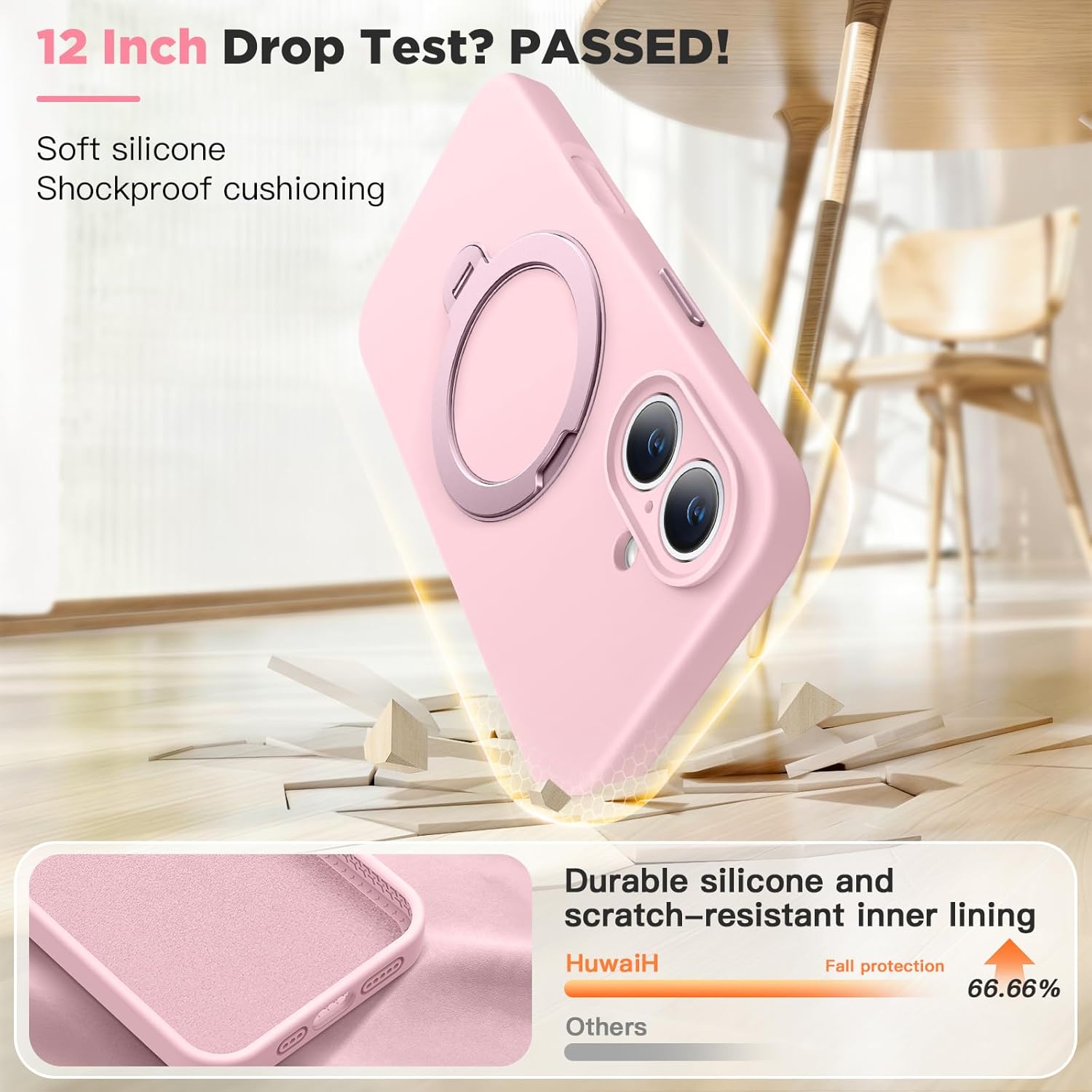 HuwaiH Case for iPhone 16, [360° Rotating Magnetic Ring Stand] with Strong Holder, Military-Grade Shockproof Silicone Phone Case, Full Protection Hands-Free Video Calls Car Mount, Pink