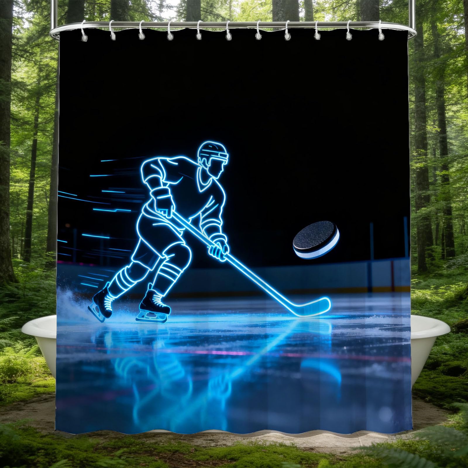 Hongduo 3D Ice Hockey Player Shower Curtain for Stalls Bathtubs Sports Theme Bathroom Decor Shower Curtain Set Polyester Fabric Waterproof 200x200cm/79X79 Inch with Hooks