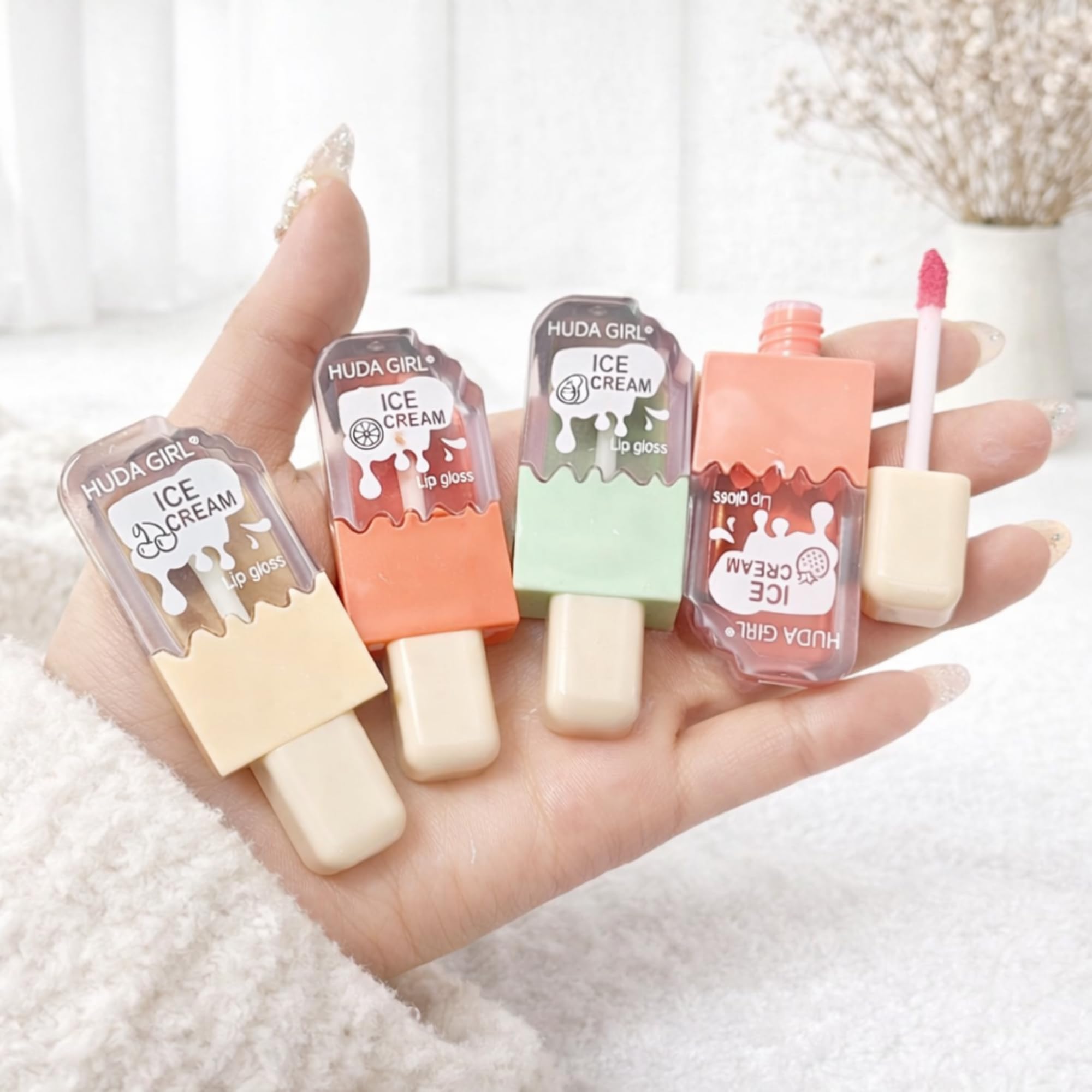 Ice Cream Shape Lip Gloss - Lightweight, Waterproof, Long Lasting Liquid Lip Gloss for Women, Korean LipGloss Design (4Pcs Swiss Gloss)