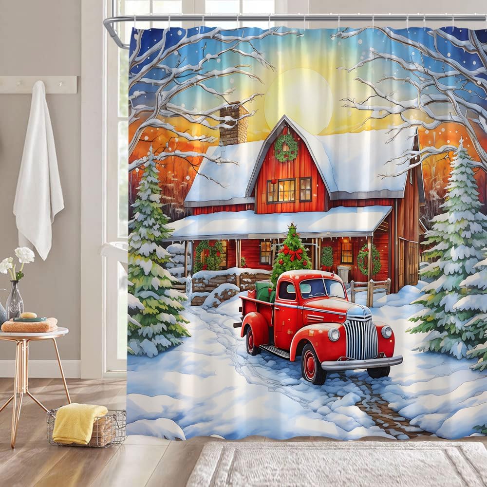 Christmas Truck Shower Curtain Vintage Snow Rustic Retro Farmhouse Car Xmas Tree Winter Holiday Happy New Year Fabric Bathroom Decor Curtains with Hooks,Red Orange White