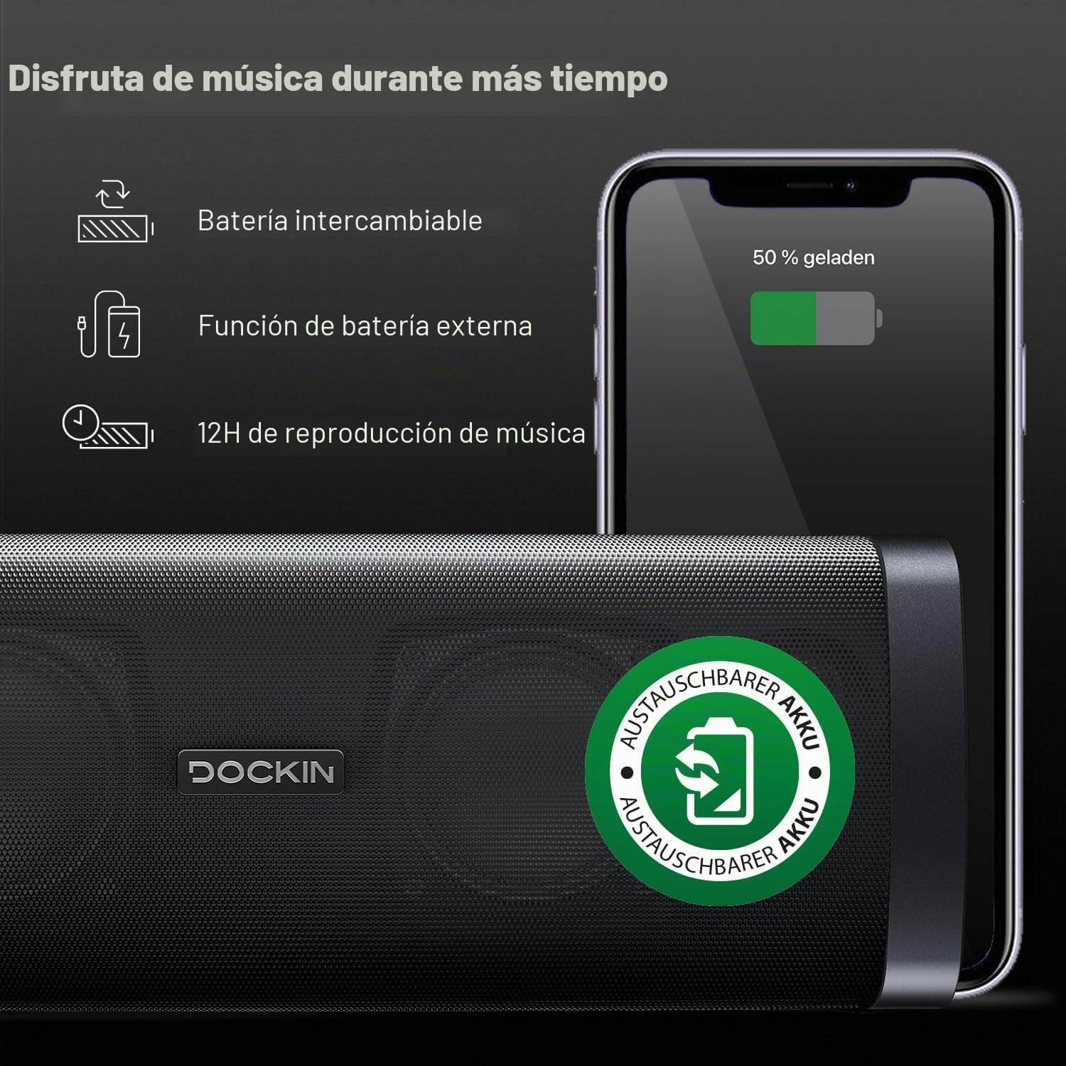 DOCKIN D Fine Altavoz Portátil Bluetooth de 50W Impermeable IP55, hasta 10 Horas de Reproducción con Sonido de Alta Fidelidad y Estereo, Powerbank, NFC, Negro, Diseñado en Alemania