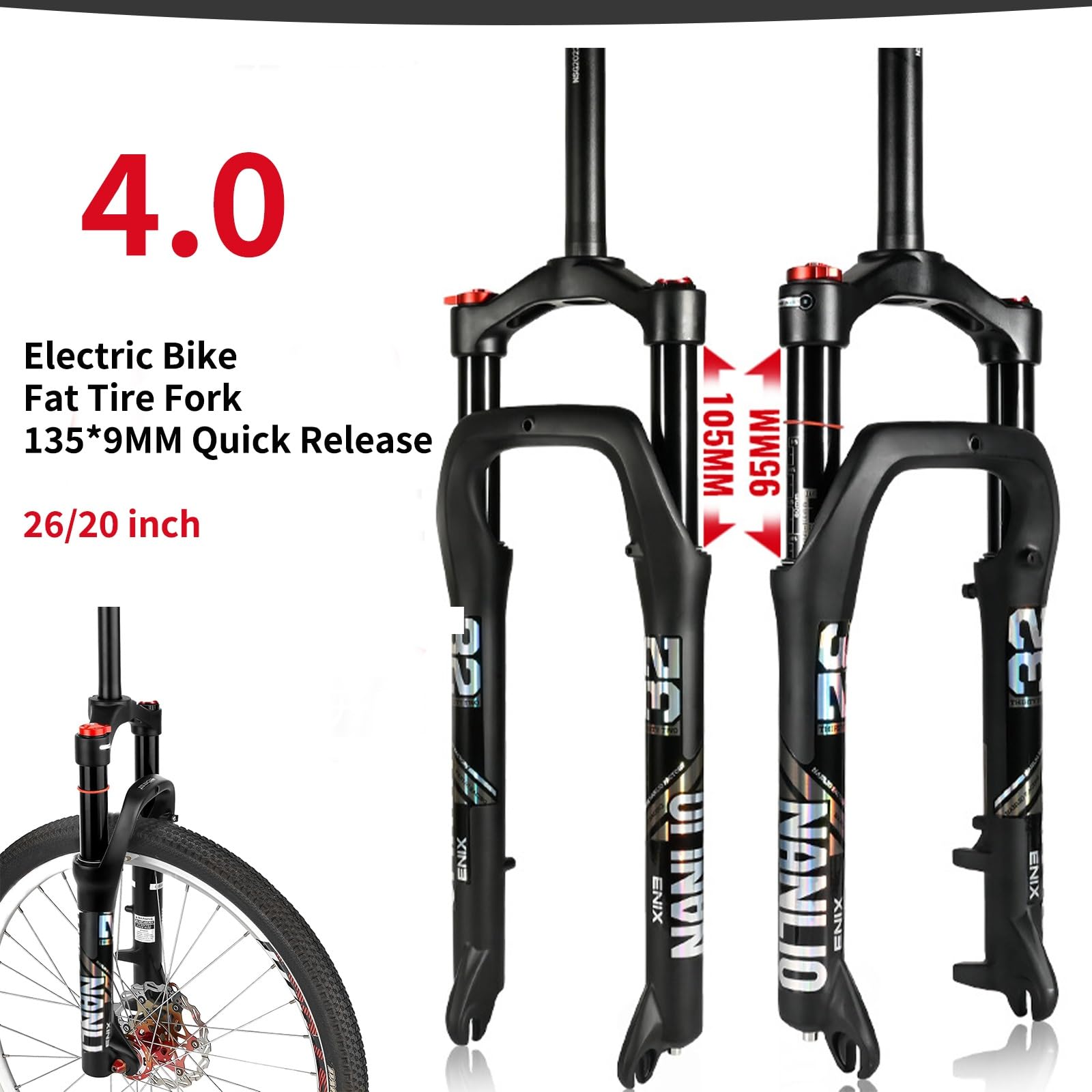 Fourche à air pour VTT Snow Bike 20/26 Pouces, Suspension VTT 4.0, pneus Larges, Plage, Crossover, vélos électriques, Frein à Disque Avant 1 1/8" Droit, axe QR 9 mm