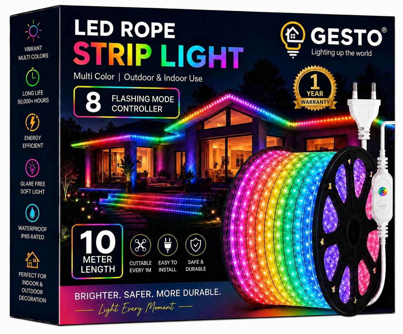 Gesto 10 Meter Multicolor LED Rope Strip Light | IP65 Waterproof Indoor & Outdoor Lights for Balcony, Home Decor & Cove 