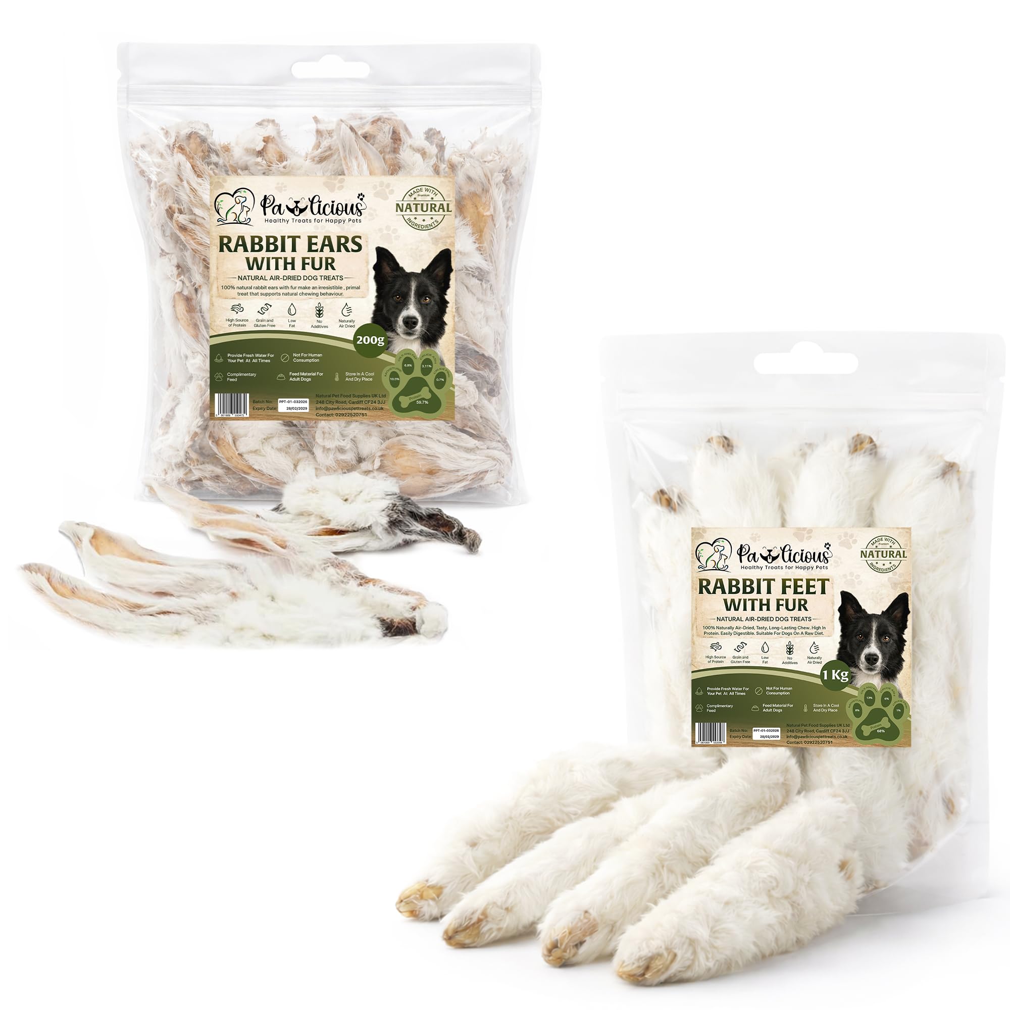 Combo Pack 1kg Rabbit Feet and 200g Rabbit Ears with Fur for Dog, 100% Natural Air-Dried Dog Chew, Grain & Gluten Free Pet Treats for Puppy, Adult & Seniors, Healthy & Hypoallergenic Dog Snacks Food
