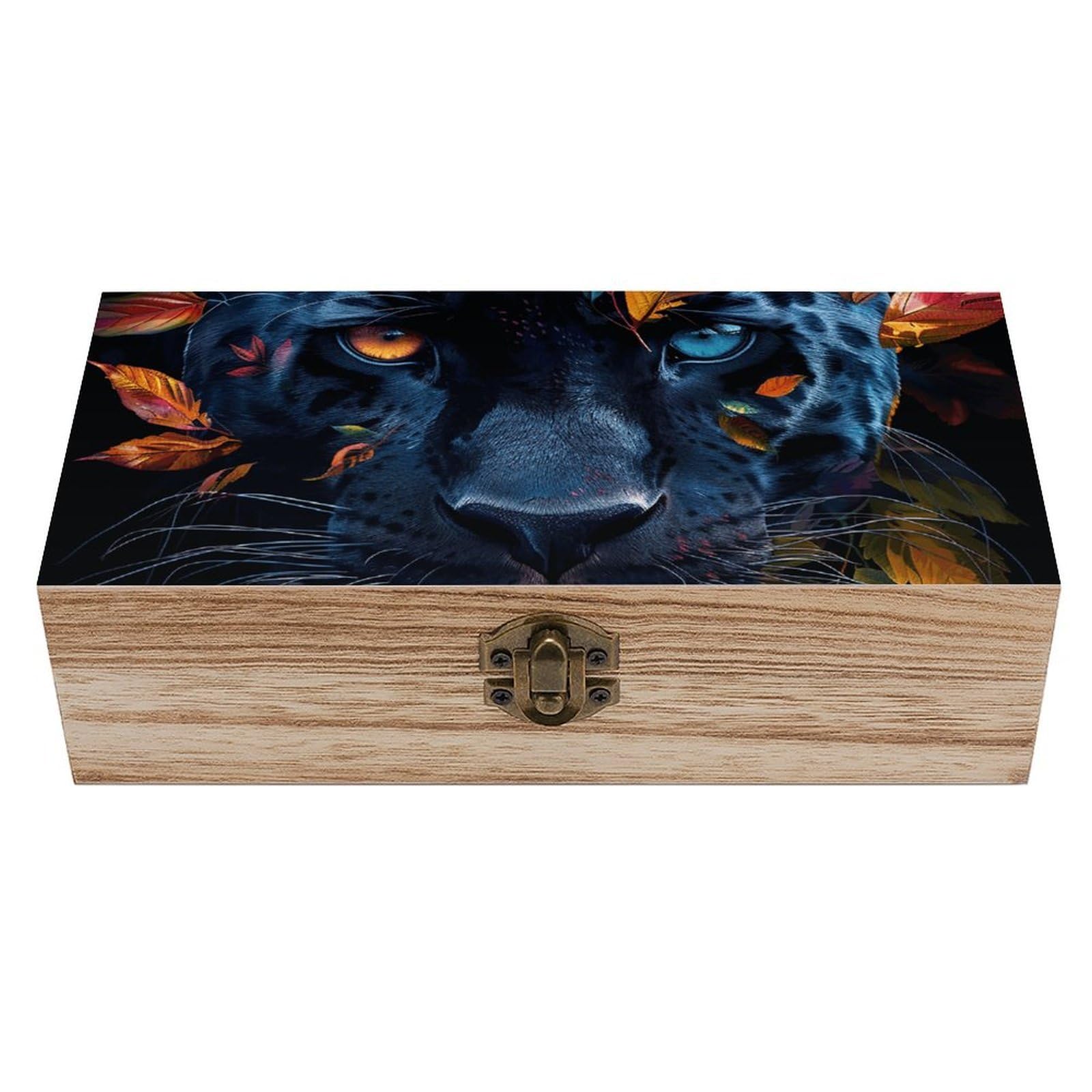 HLBSDM Vintage Wooden Storage Box Leaves And Panther Keepsake Box for Jewelry Photos Letters Elegant Desktop Organizer for Home Office Decor