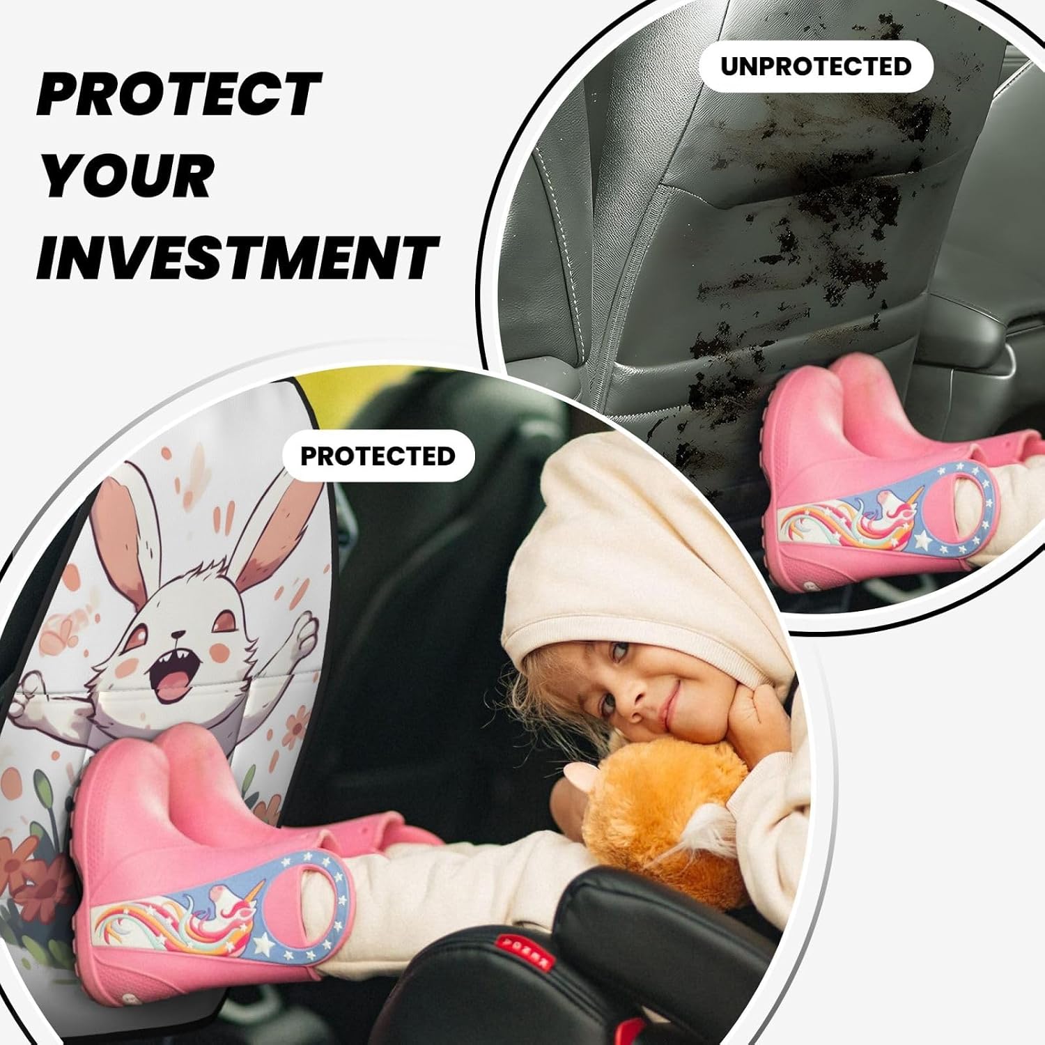 Car Seat Back Kick Protector 2 Pack 18.5x26.4 Inch, Cartoon Rabbit Flower Anti-Kick Pad, Waterproof Oxford Fabric Large Rear Seat Cover for Kids Pets Fits SUV Jeep Truck Sedan