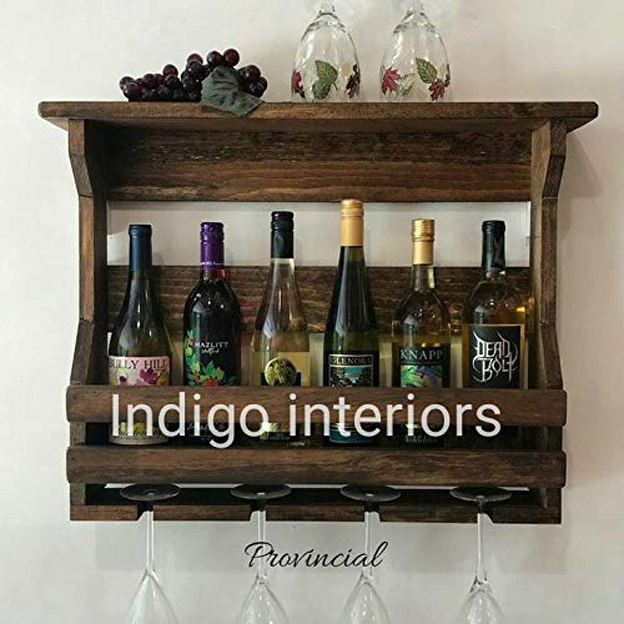 Indigo interiors Wall Hanging Design Bar | Bar Cabinets for Home | Mini Bar for Home | Solid Wood Make Wine Storage Cabinet with Glass Hanging Space- Finish10 4