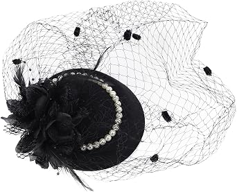 Fascinator Hat, Pillbox Hats for Women, Derby Hat for Women,Tea Party Hats, Feather Flower Pearls Hair Clip Headwear Veil